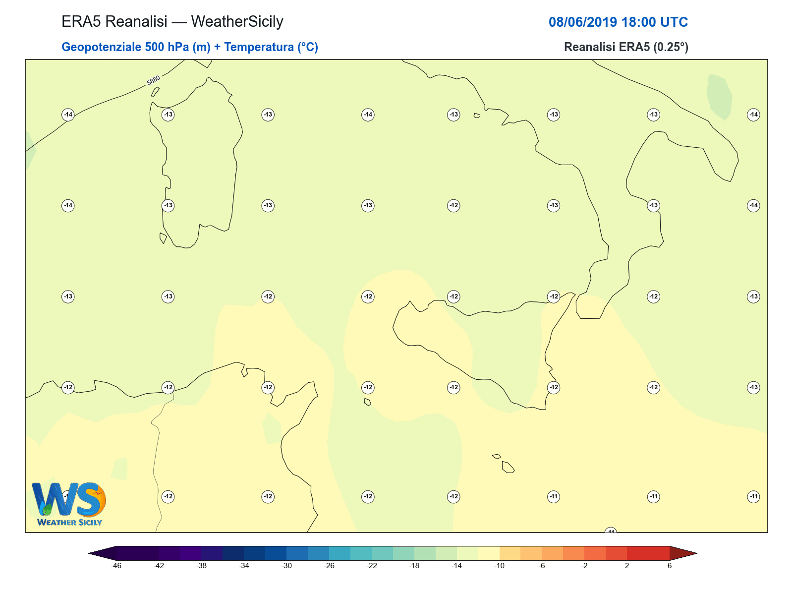 Geopotenziale 500 hPa + Temperatura · 2019060818