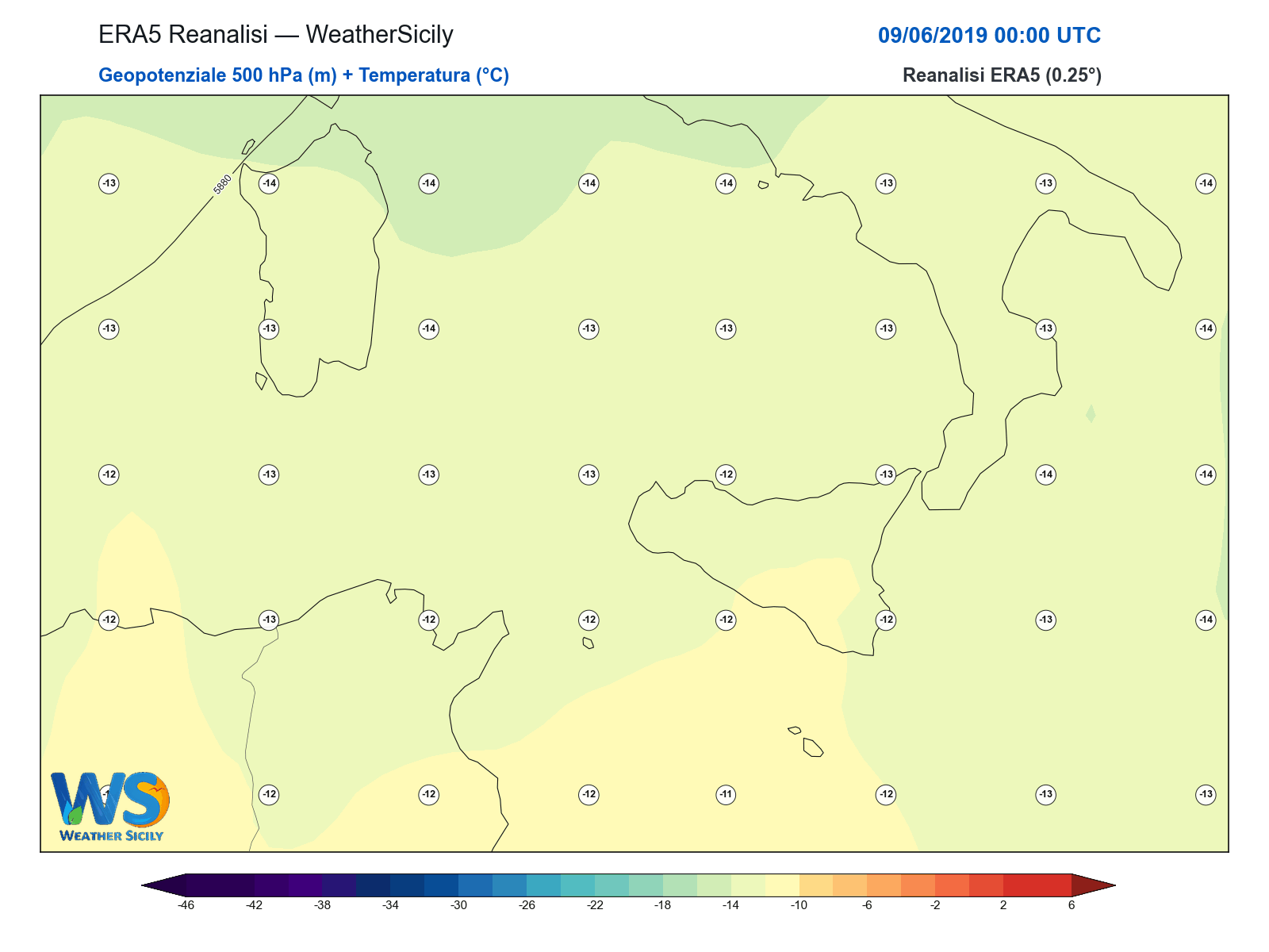 Geopotenziale 500 hPa + Temperatura · 2019060900