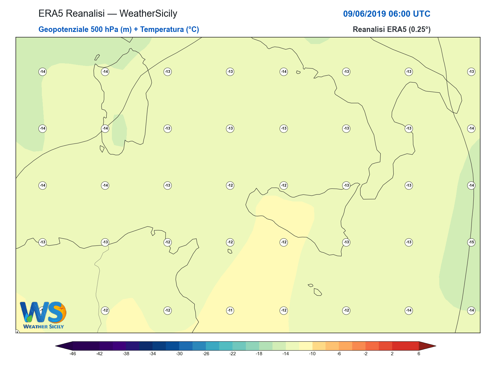 Geopotenziale 500 hPa + Temperatura · 2019060906