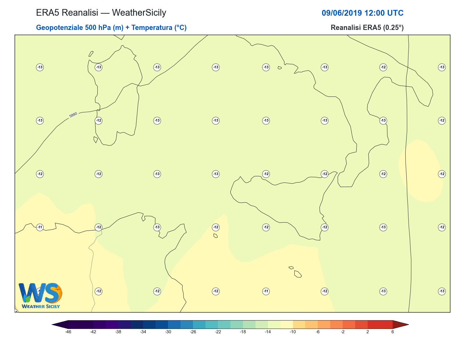 Geopotenziale 500 hPa + Temperatura · 2019060912