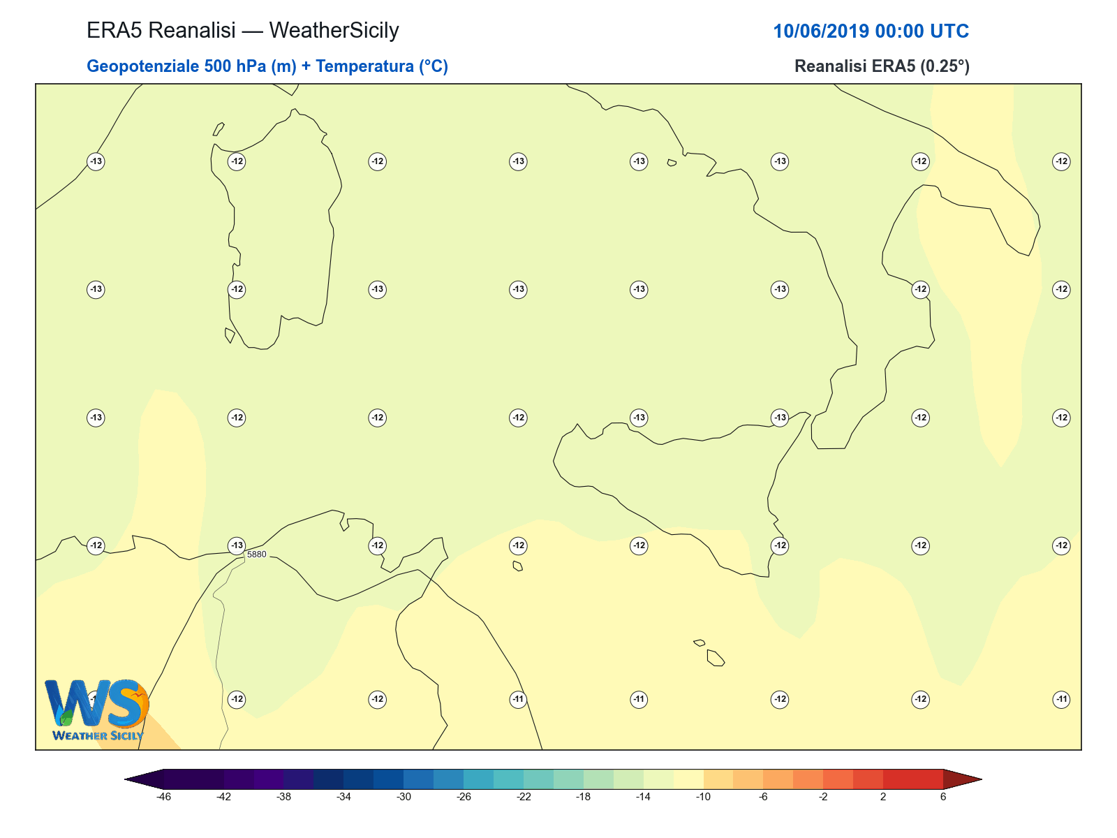 Geopotenziale 500 hPa + Temperatura · 2019061000