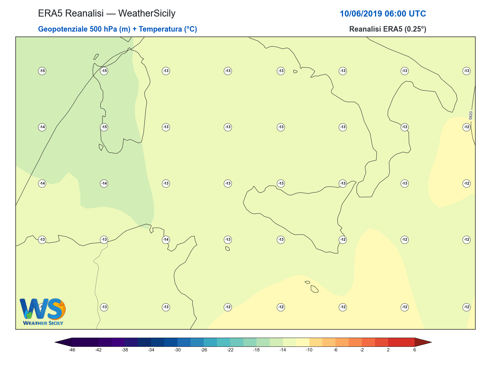Geopotenziale 500 hPa + Temperatura · 2019061006