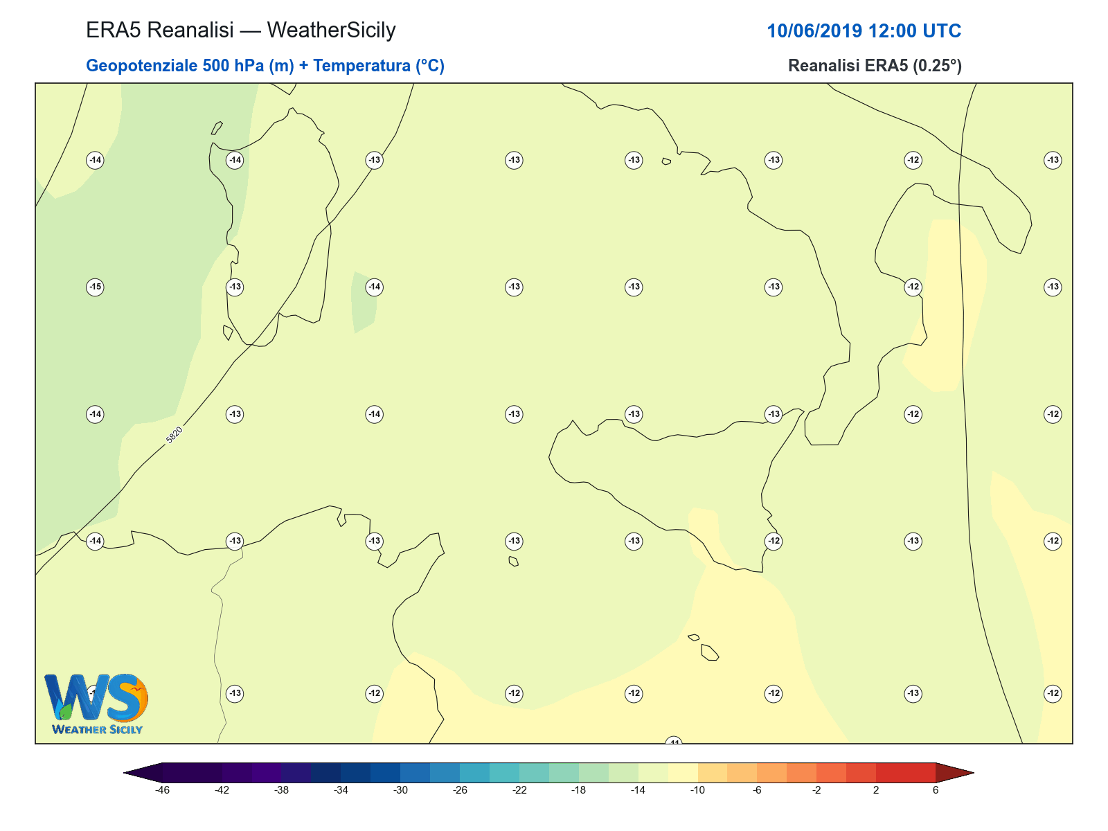 Geopotenziale 500 hPa + Temperatura · 2019061012