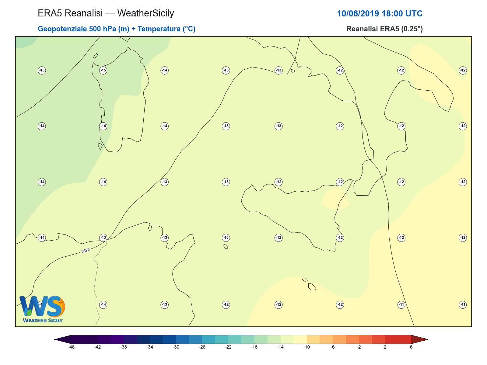 Geopotenziale 500 hPa + Temperatura · 2019061018