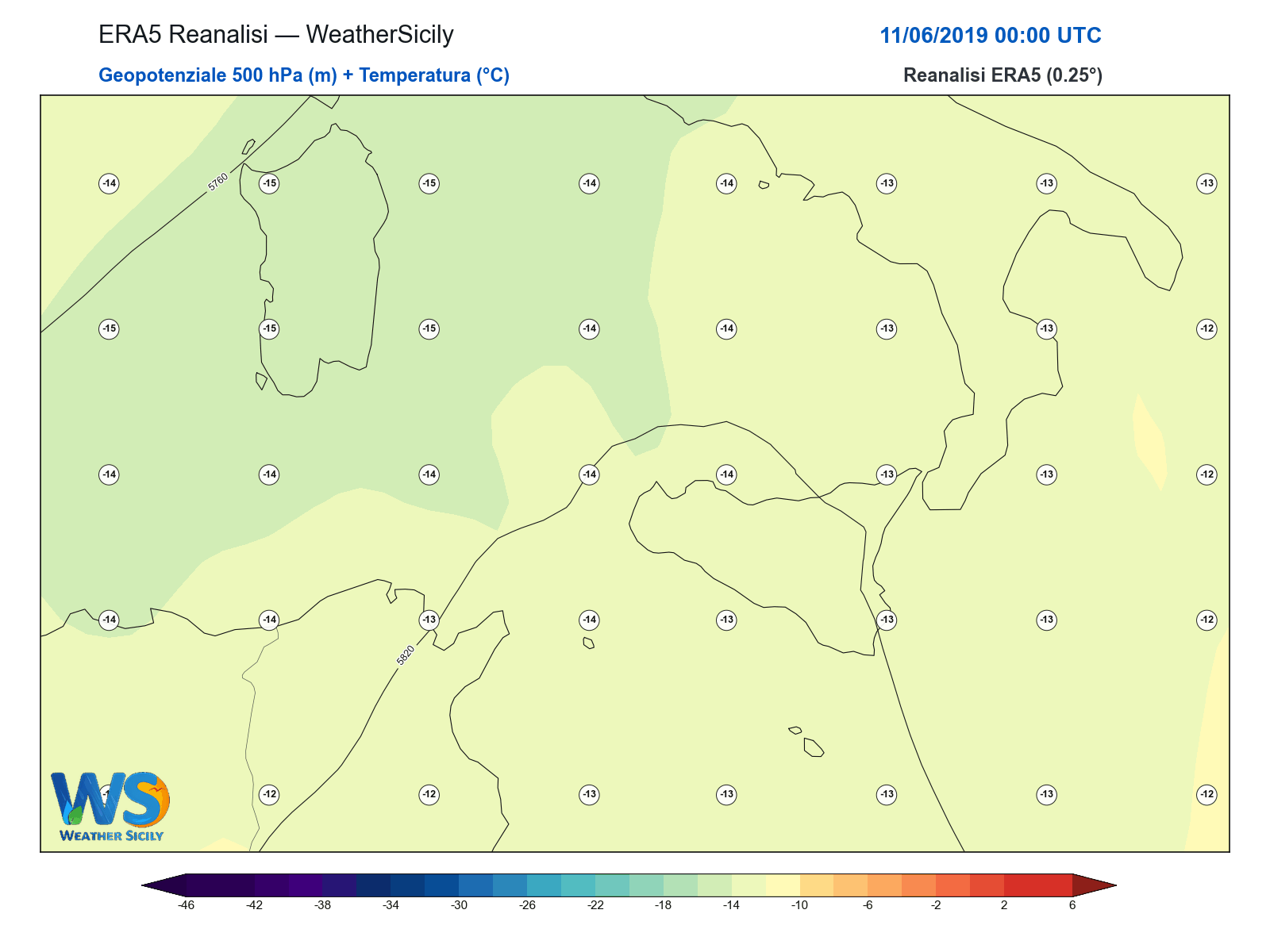 Geopotenziale 500 hPa + Temperatura · 2019061100