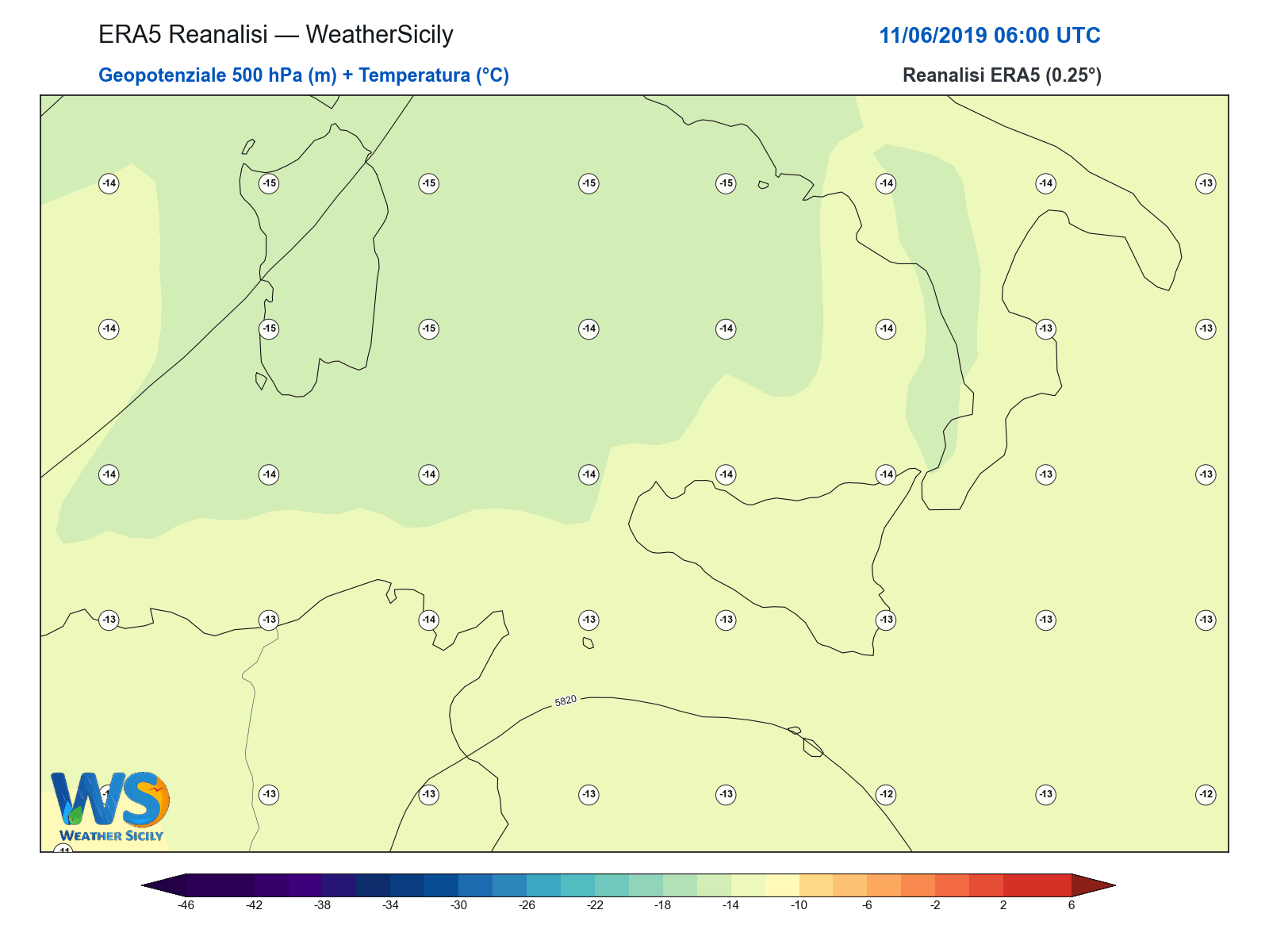 Geopotenziale 500 hPa + Temperatura · 2019061106