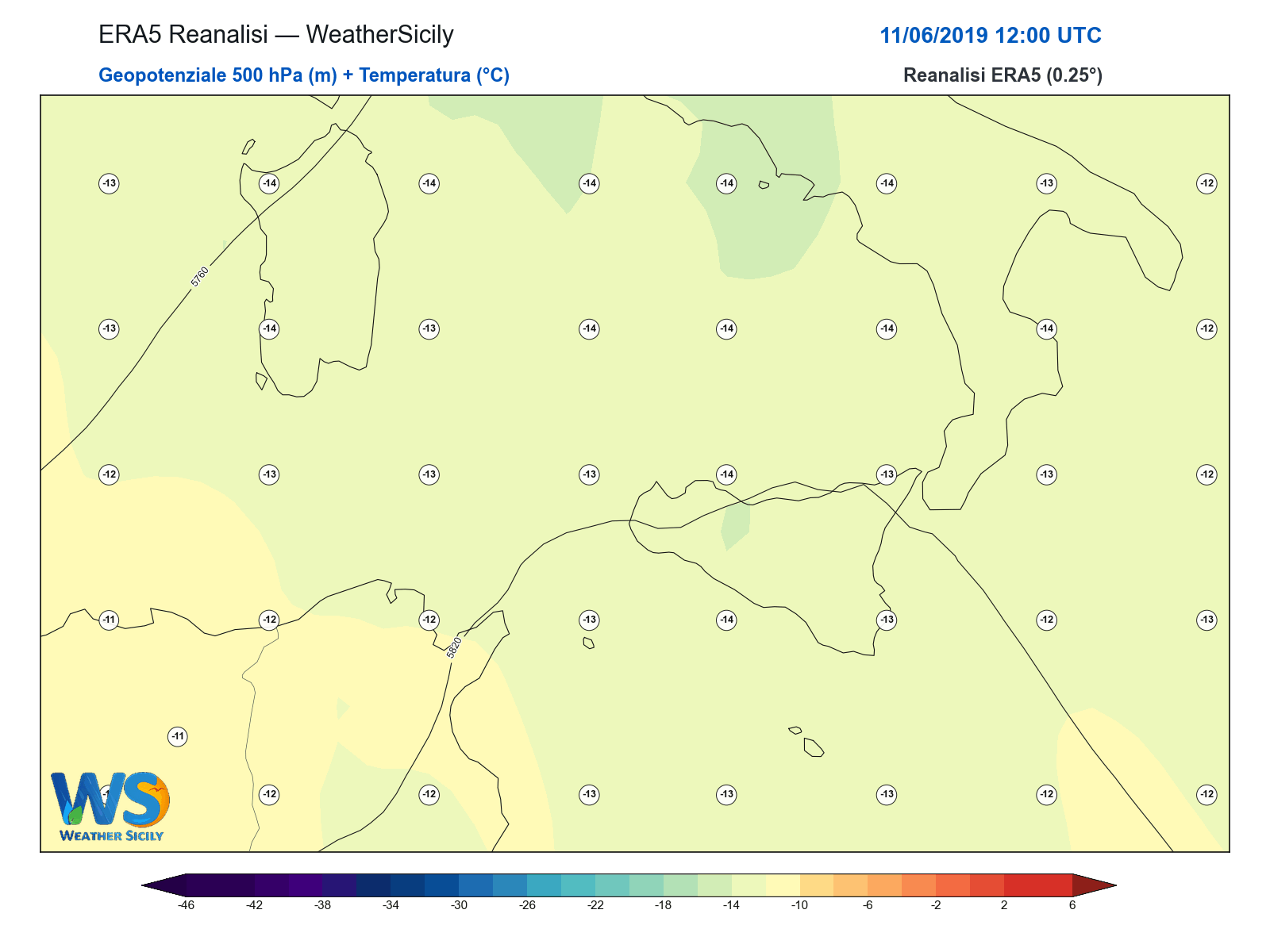 Geopotenziale 500 hPa + Temperatura · 2019061112