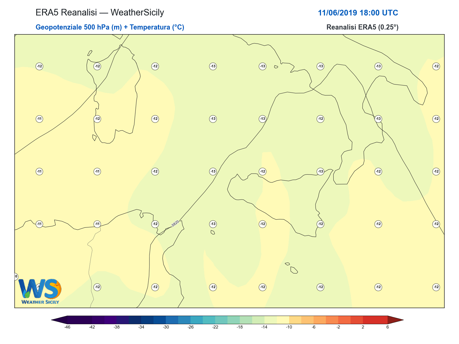 Geopotenziale 500 hPa + Temperatura · 2019061118