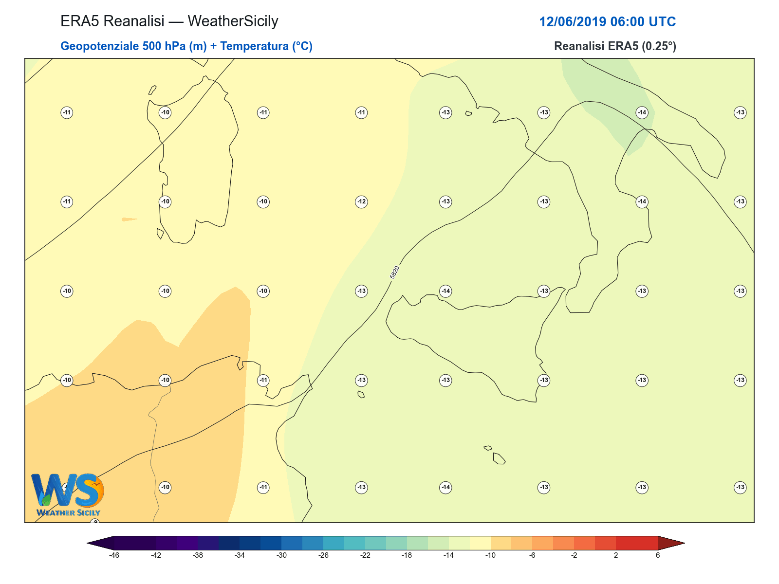 Geopotenziale 500 hPa + Temperatura · 2019061206