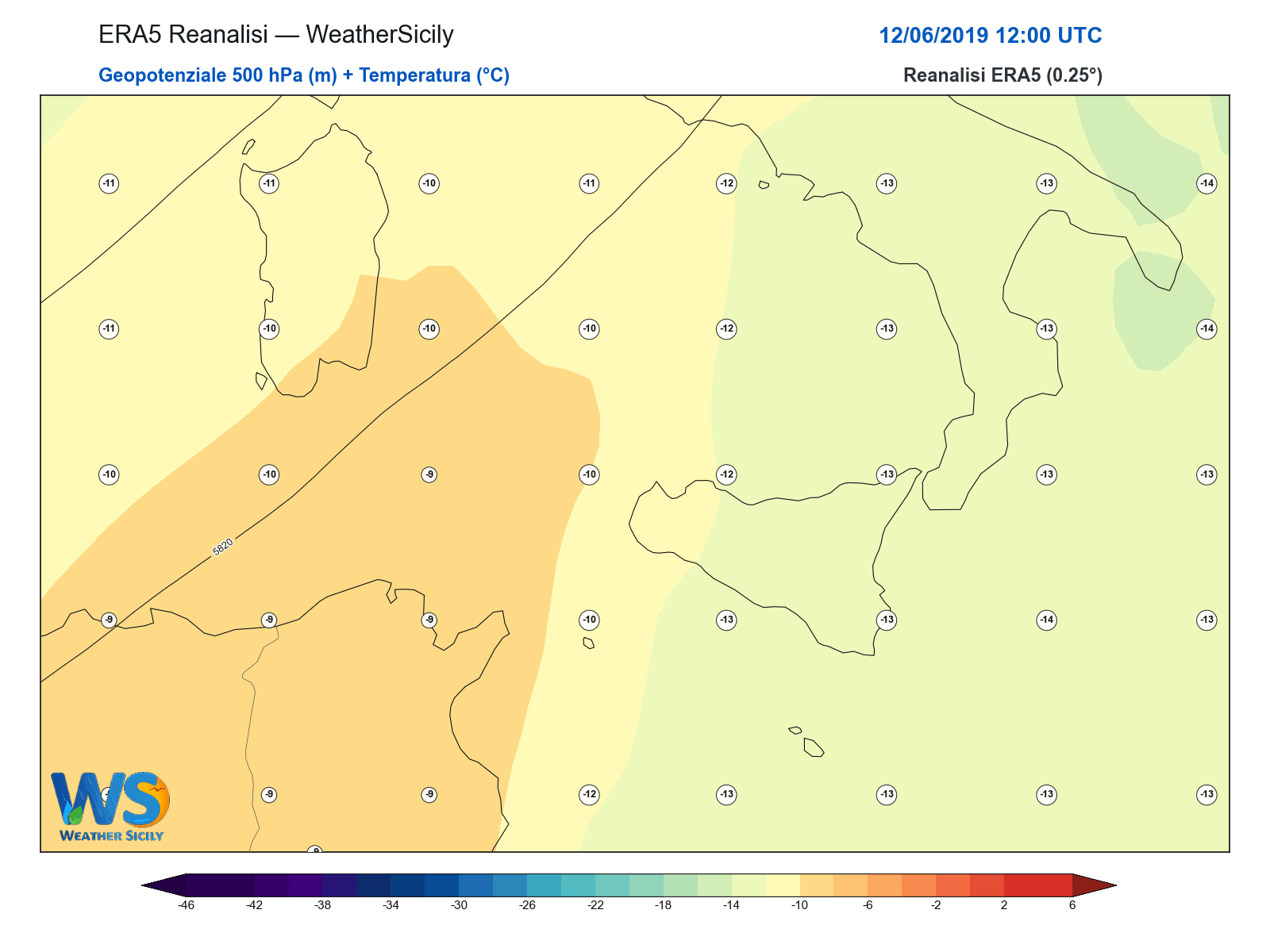 Geopotenziale 500 hPa + Temperatura · 2019061212