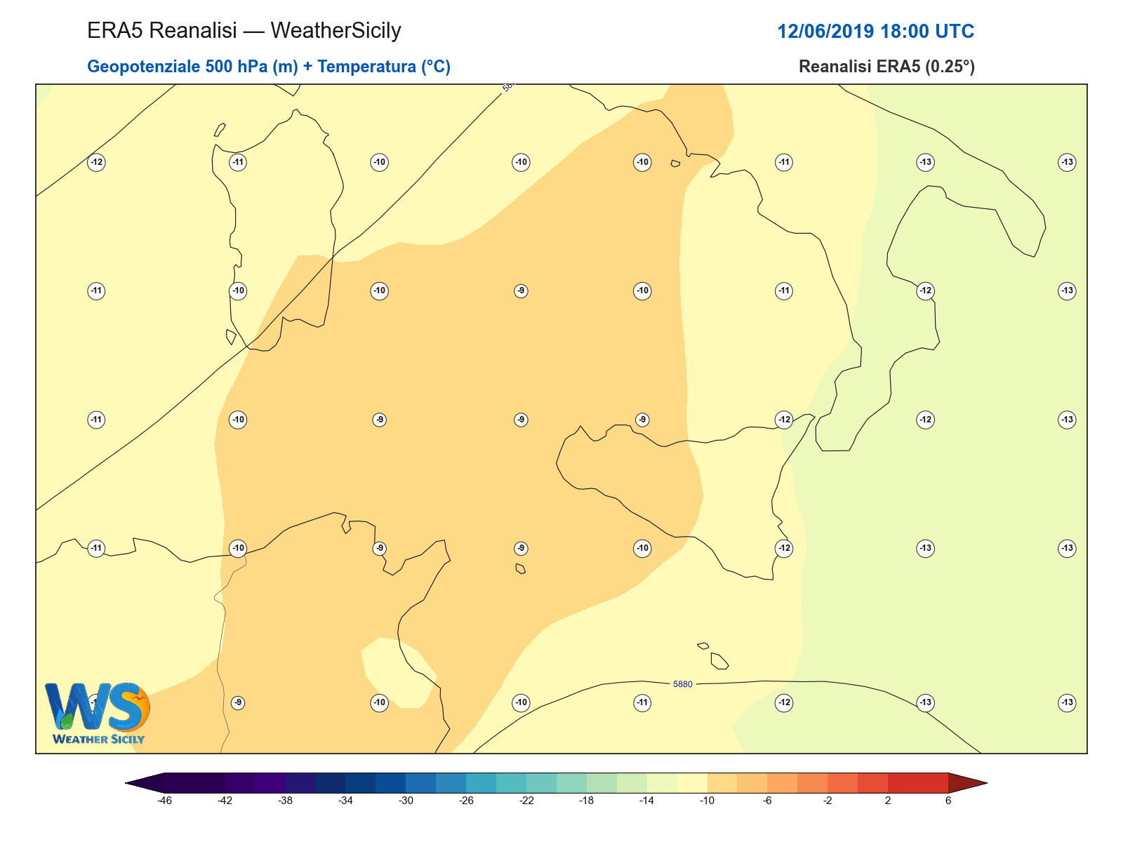 Geopotenziale 500 hPa + Temperatura · 2019061218