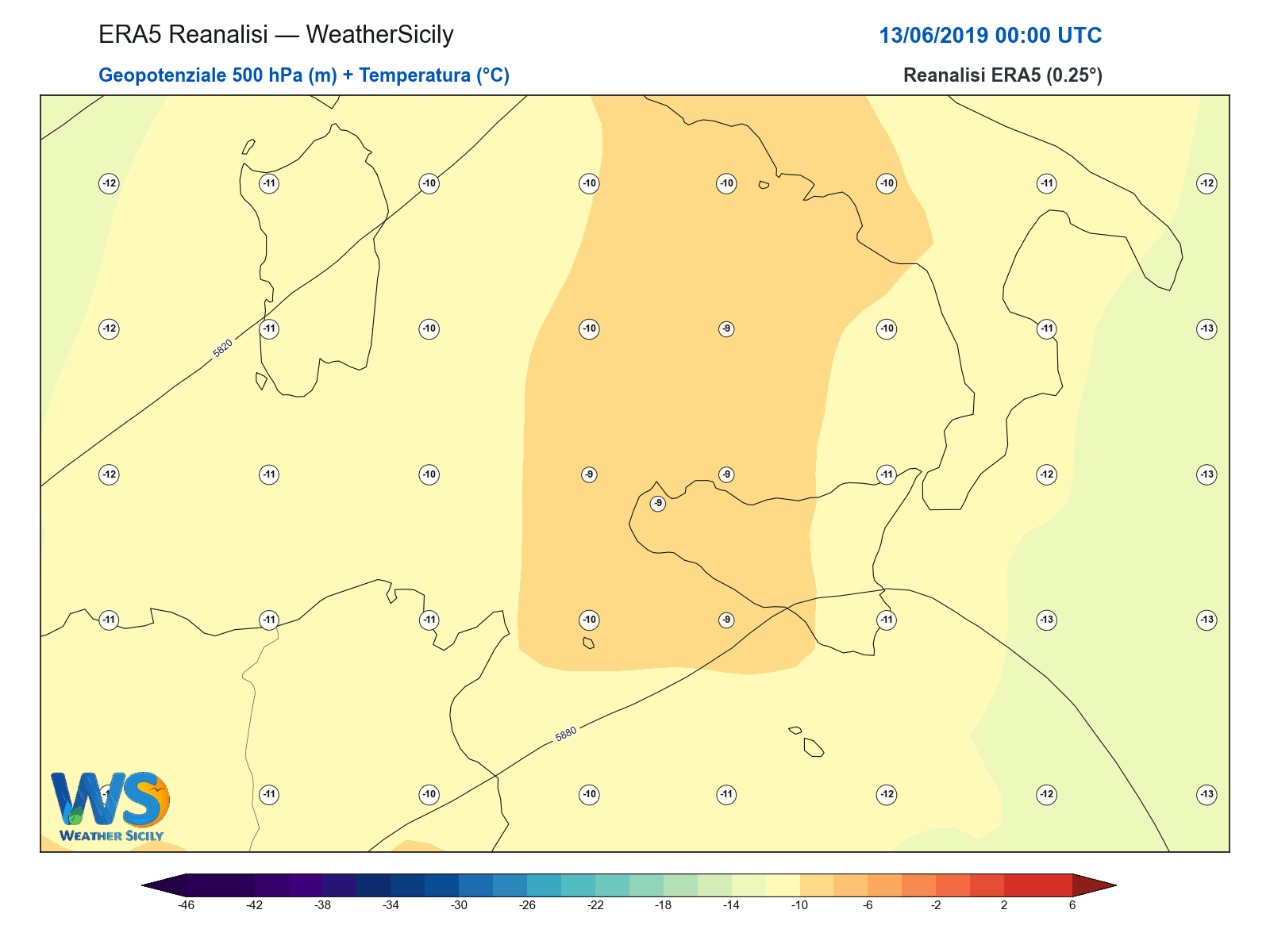 Geopotenziale 500 hPa + Temperatura · 2019061300