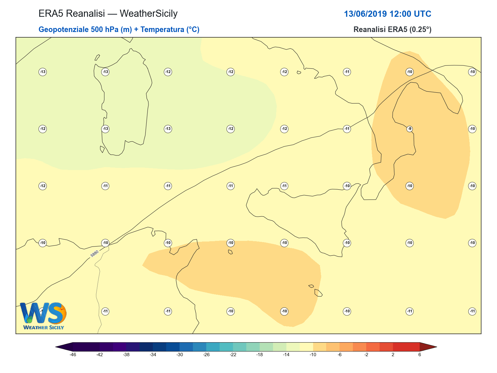 Geopotenziale 500 hPa + Temperatura · 2019061312
