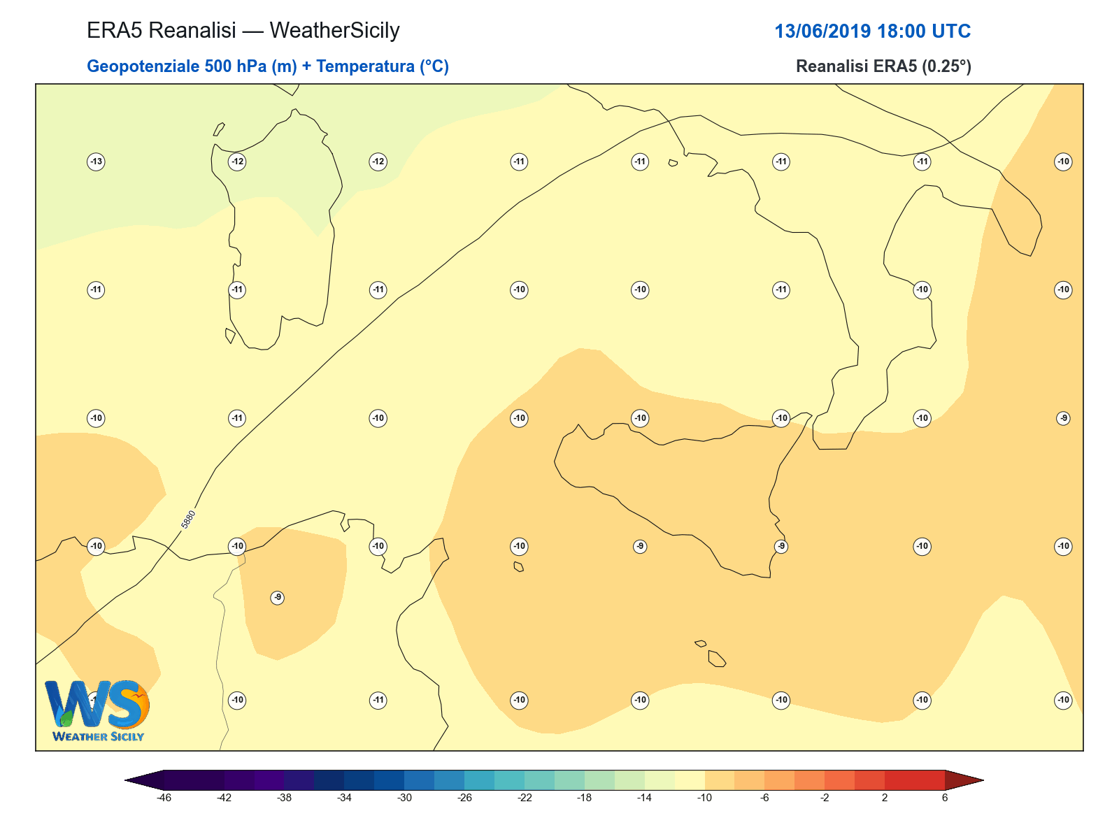 Geopotenziale 500 hPa + Temperatura · 2019061318
