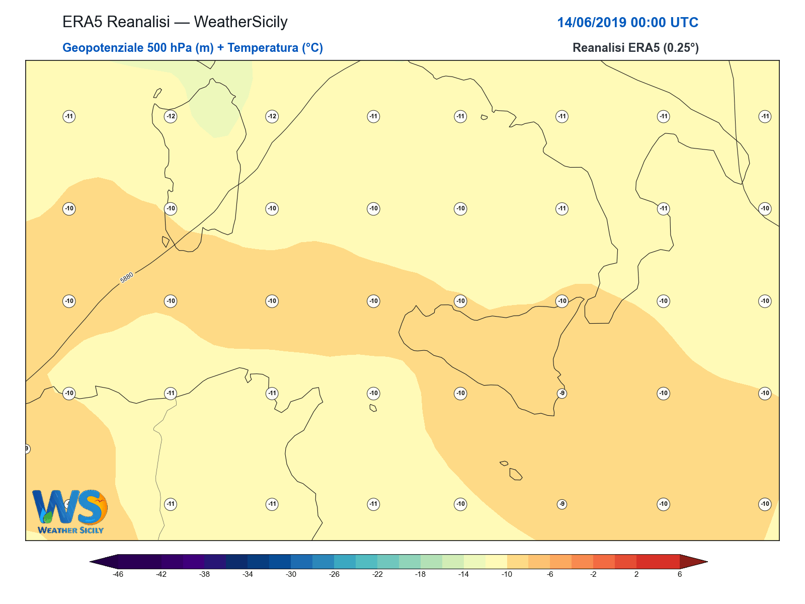 Geopotenziale 500 hPa + Temperatura · 2019061400