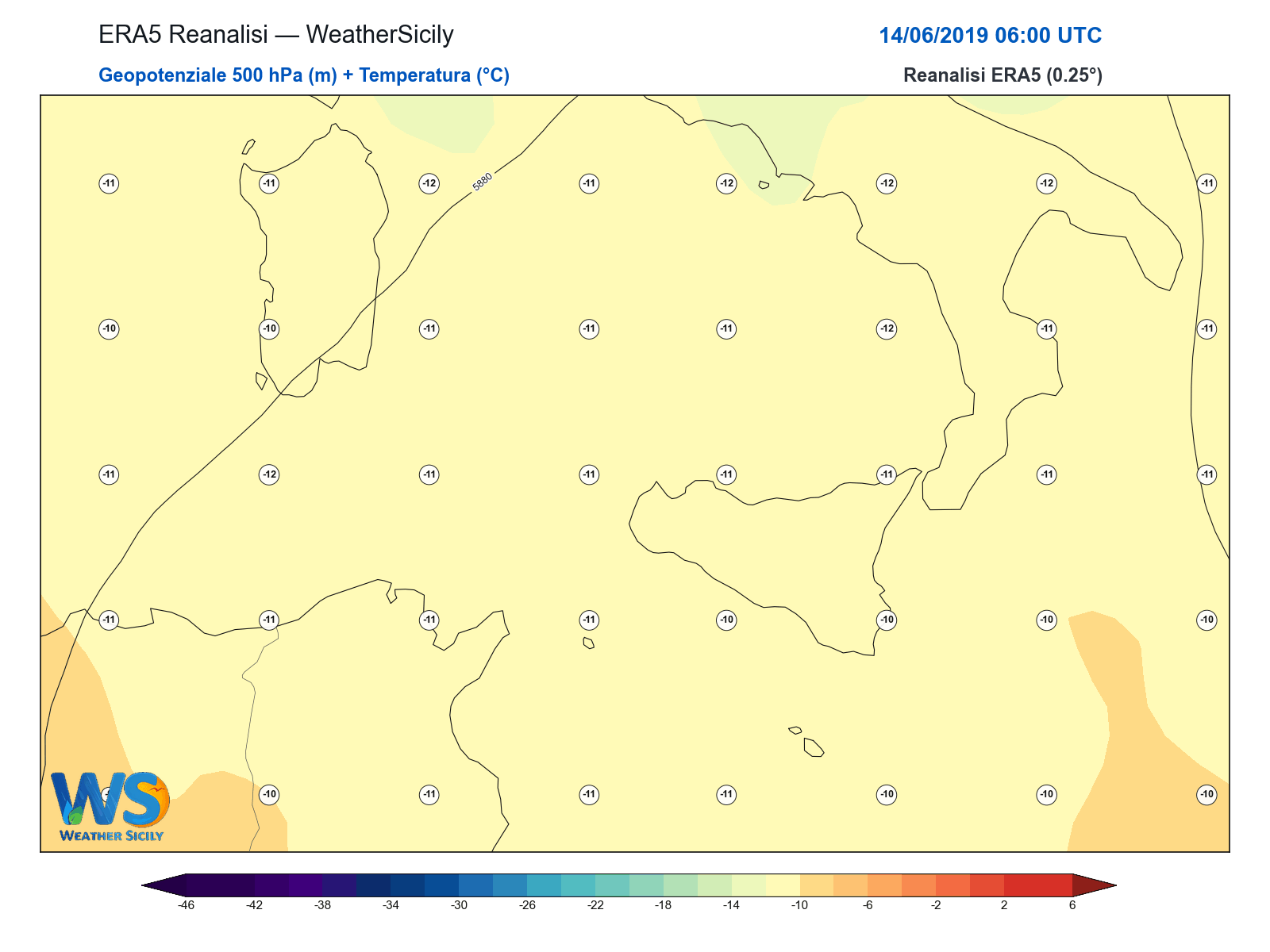 Geopotenziale 500 hPa + Temperatura · 2019061406