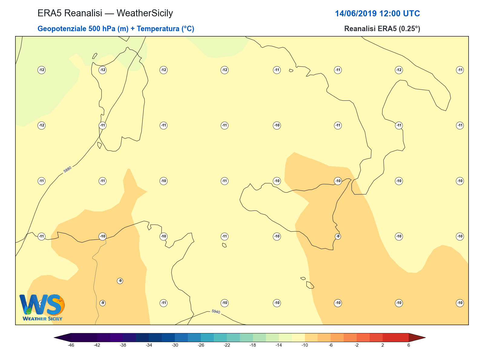 Geopotenziale 500 hPa + Temperatura · 2019061412