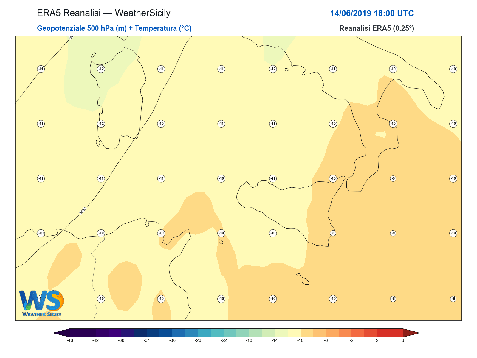 Geopotenziale 500 hPa + Temperatura · 2019061418