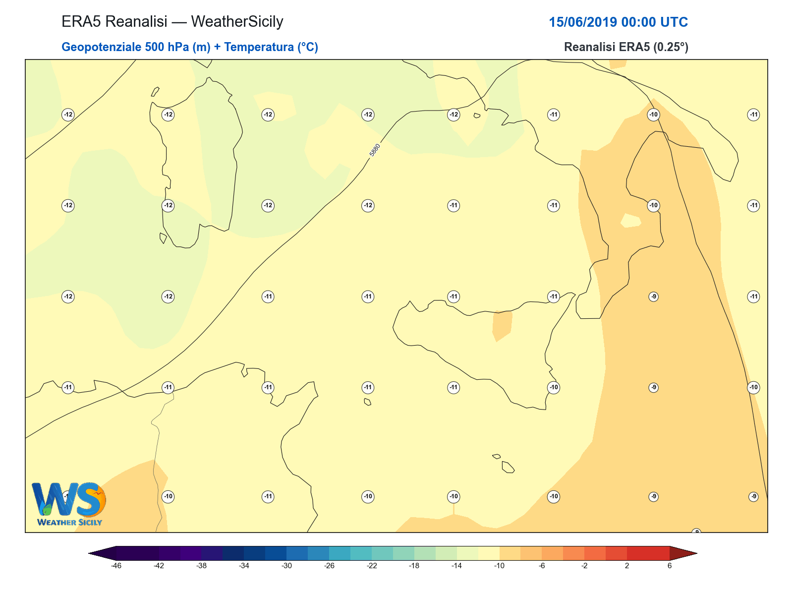Geopotenziale 500 hPa + Temperatura · 2019061500