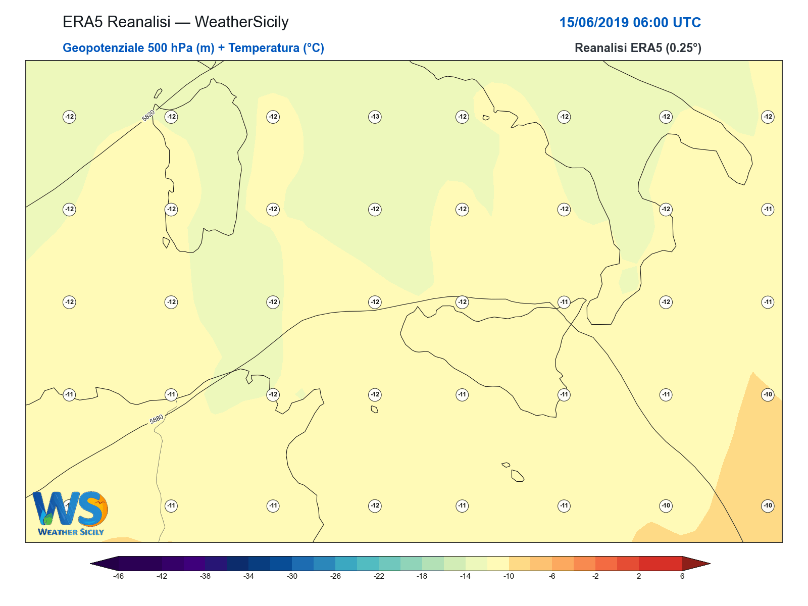 Geopotenziale 500 hPa + Temperatura · 2019061506