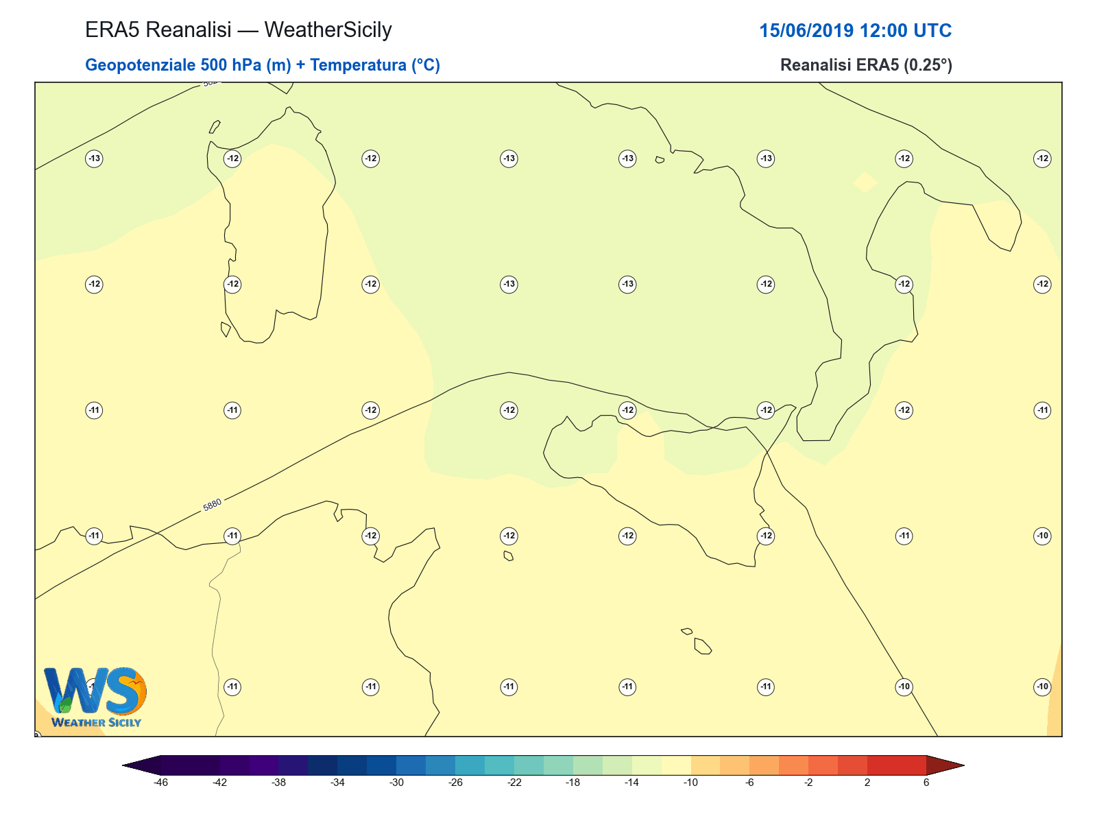 Geopotenziale 500 hPa + Temperatura · 2019061512
