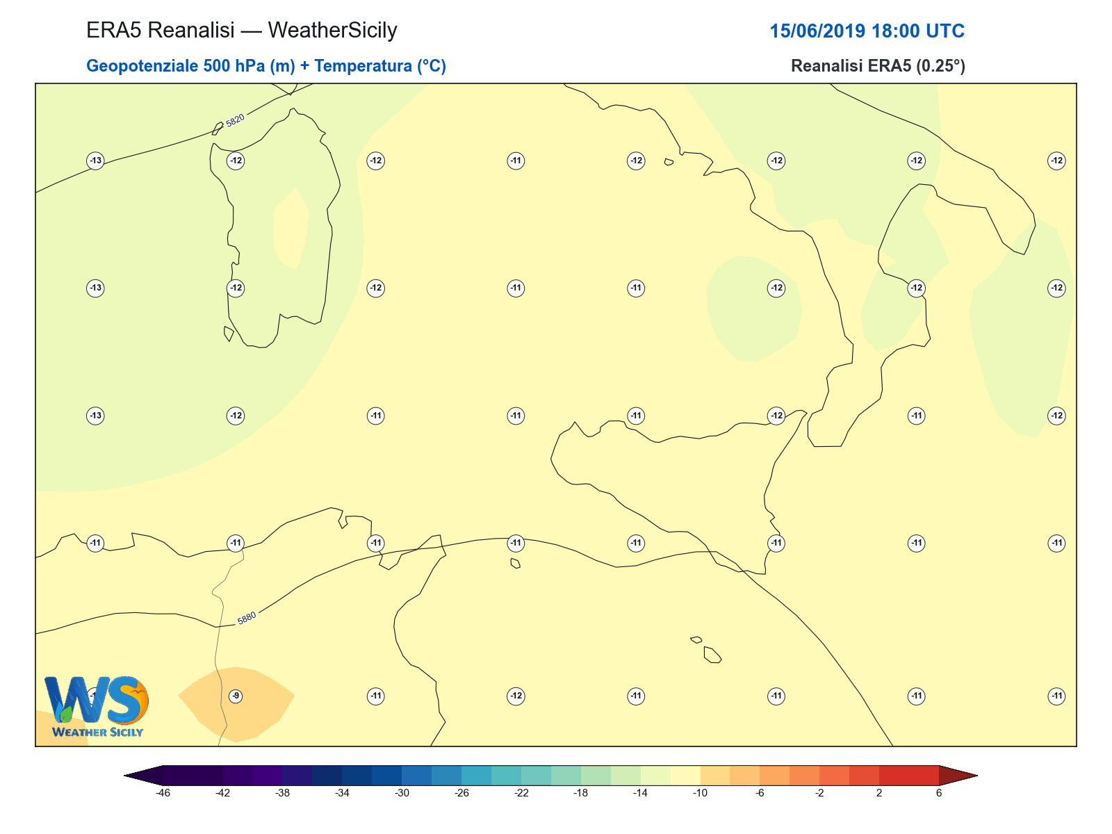 Geopotenziale 500 hPa + Temperatura · 2019061518
