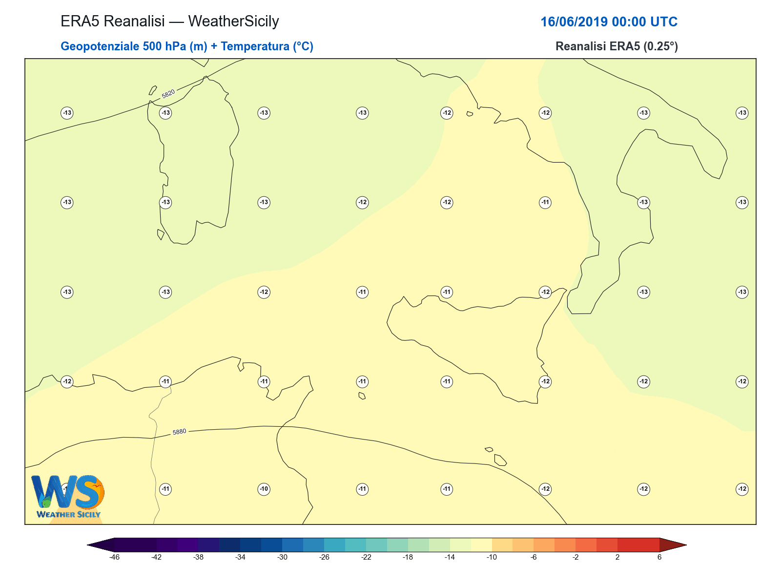 Geopotenziale 500 hPa + Temperatura · 2019061600