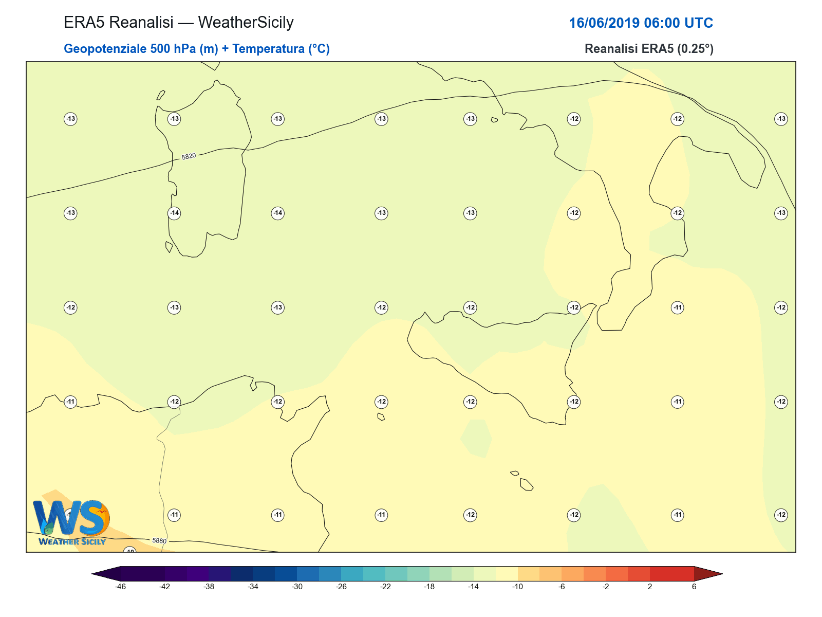 Geopotenziale 500 hPa + Temperatura · 2019061606
