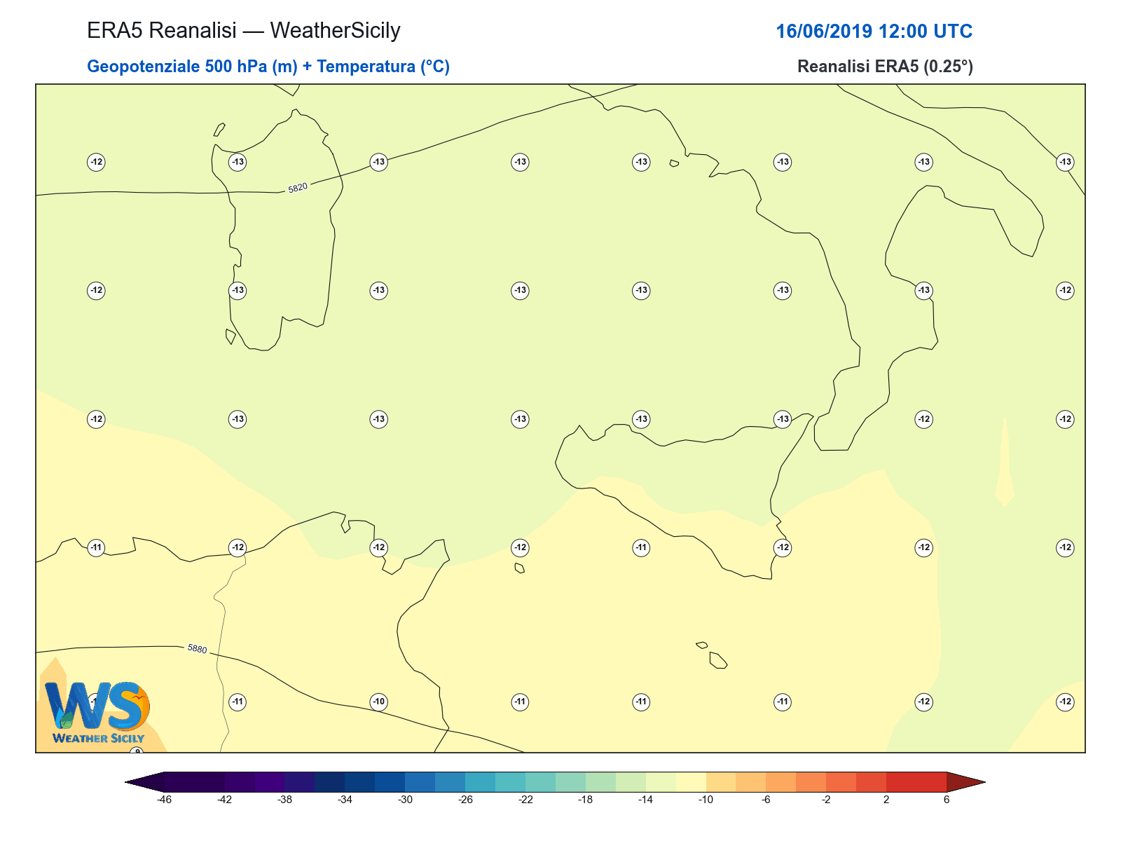 Geopotenziale 500 hPa + Temperatura · 2019061612