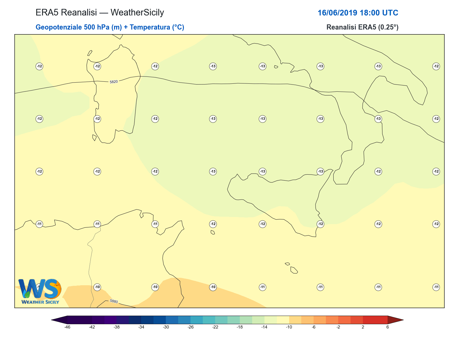 Geopotenziale 500 hPa + Temperatura · 2019061618