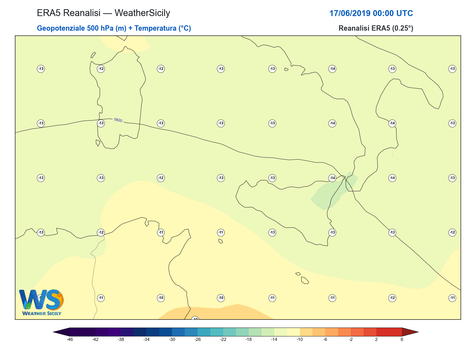 Geopotenziale 500 hPa + Temperatura · 2019061700