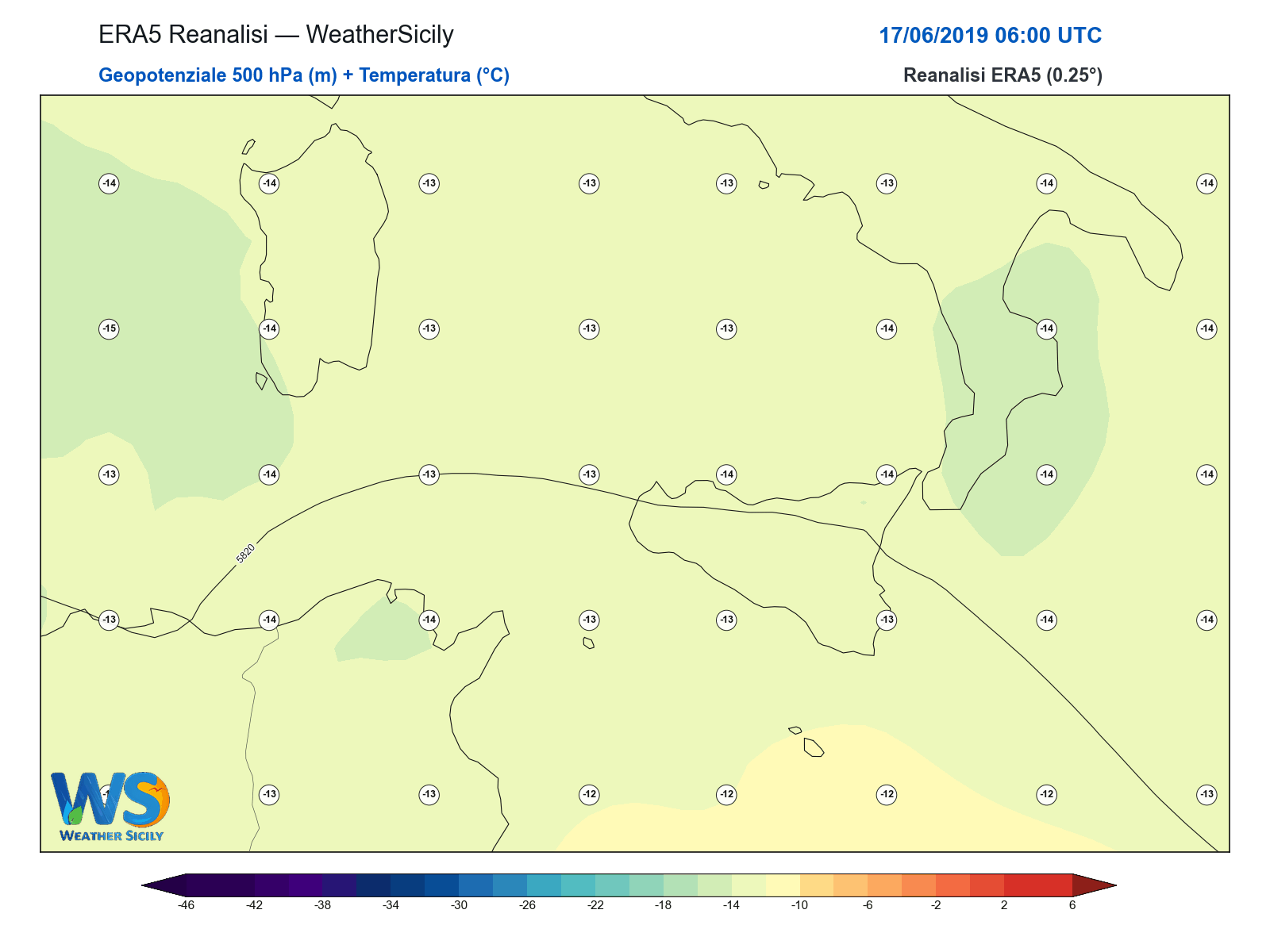 Geopotenziale 500 hPa + Temperatura · 2019061706