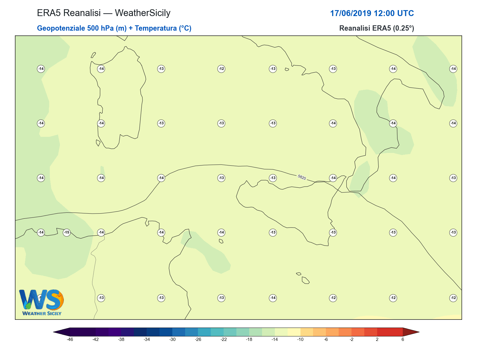 Geopotenziale 500 hPa + Temperatura · 2019061712