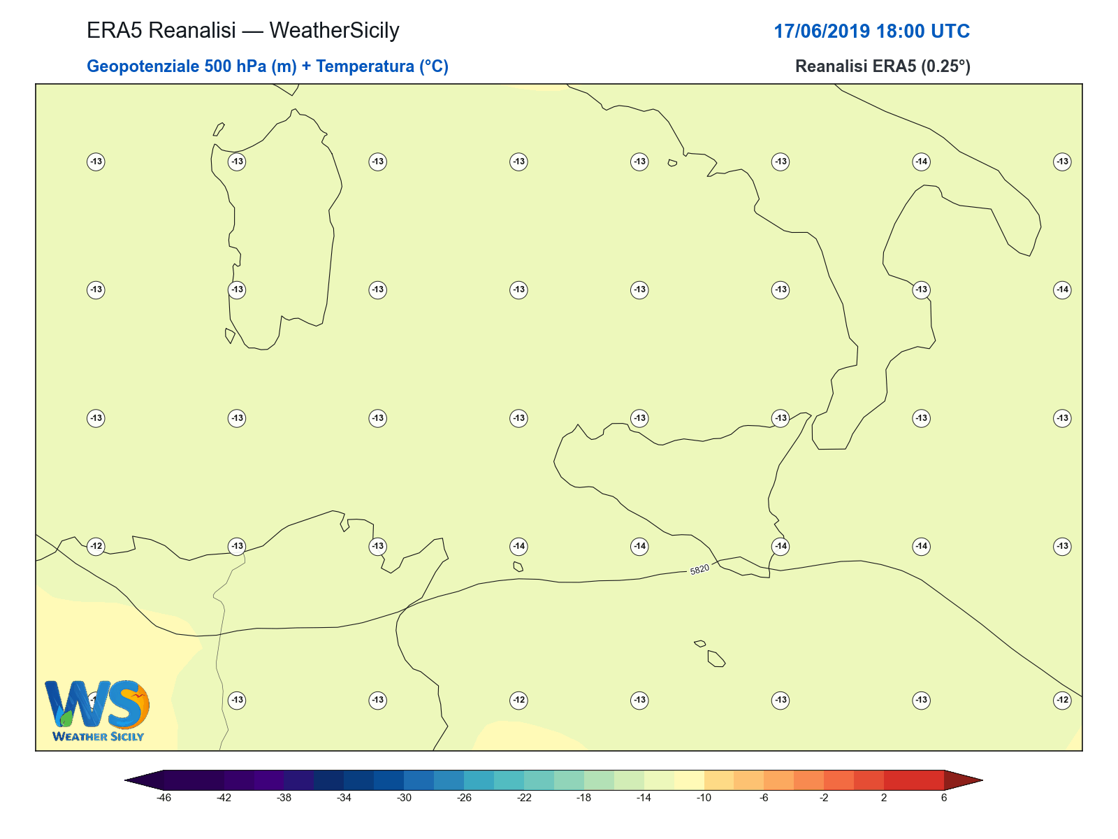 Geopotenziale 500 hPa + Temperatura · 2019061718