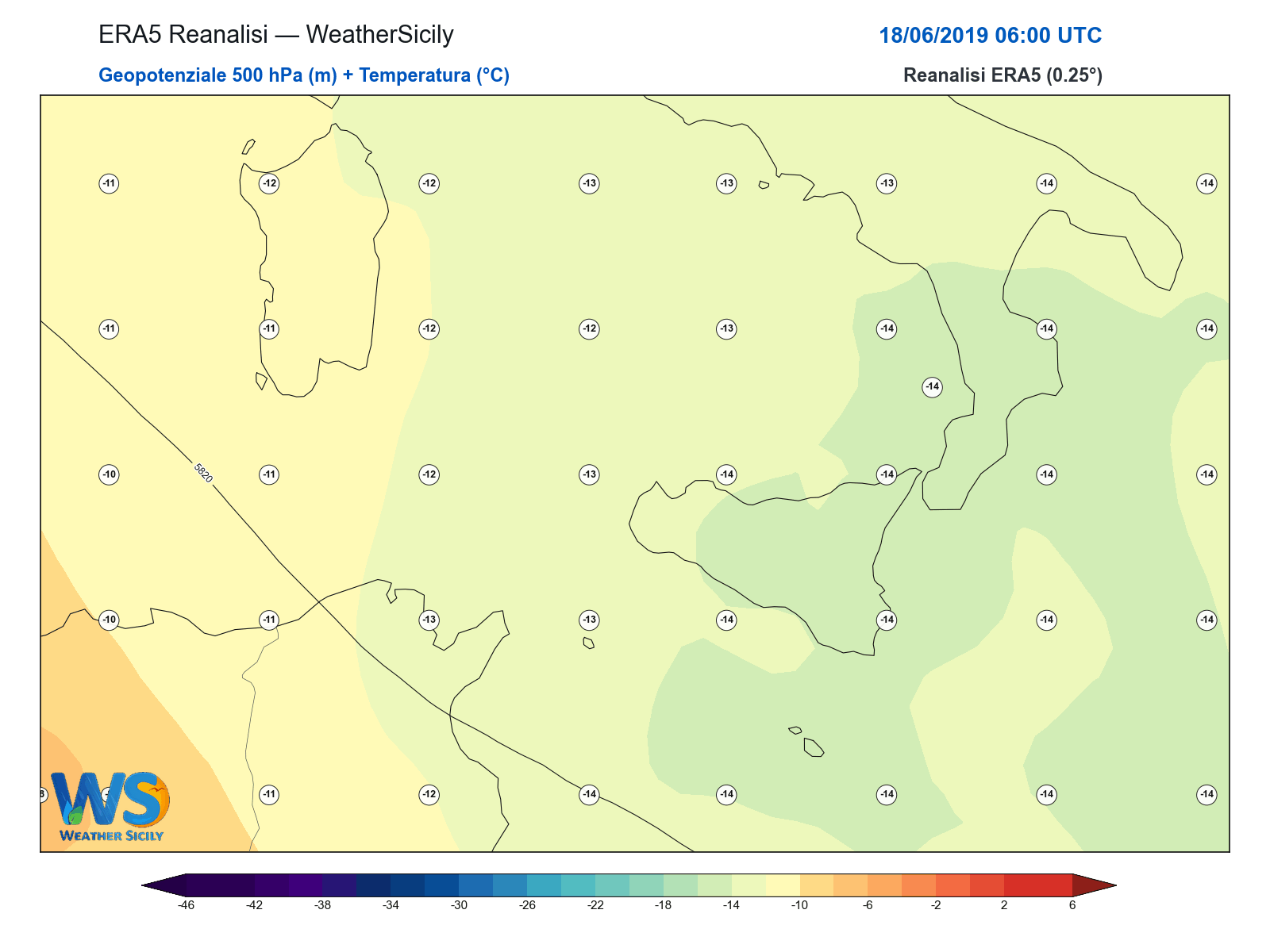 Geopotenziale 500 hPa + Temperatura · 2019061806