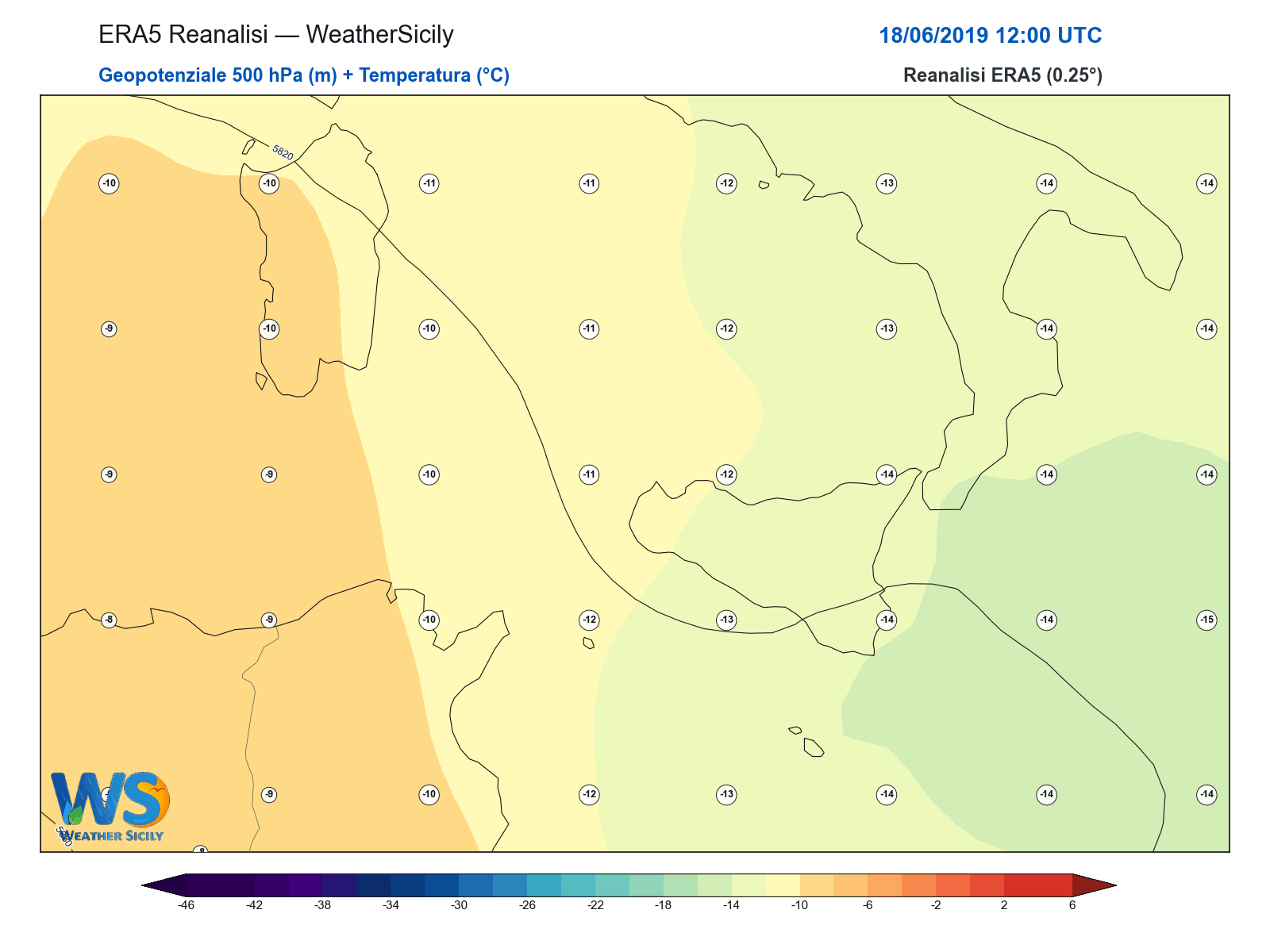 Geopotenziale 500 hPa + Temperatura · 2019061812