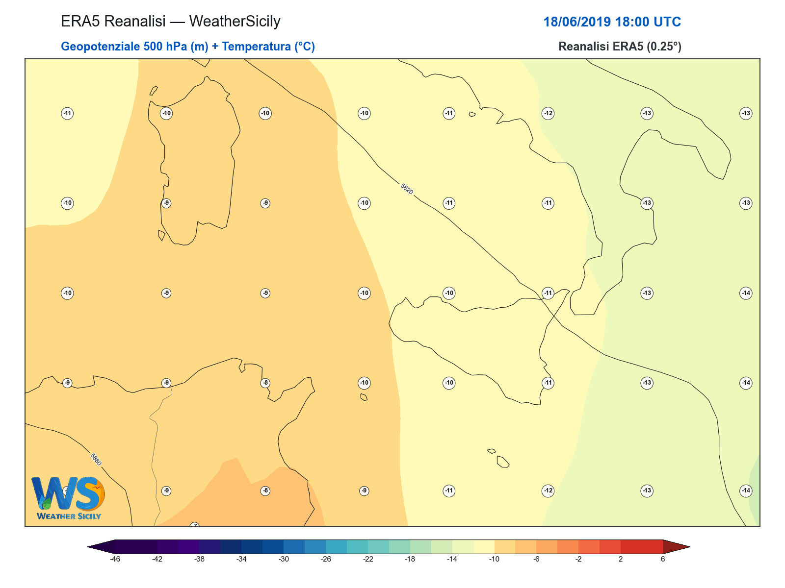 Geopotenziale 500 hPa + Temperatura · 2019061818