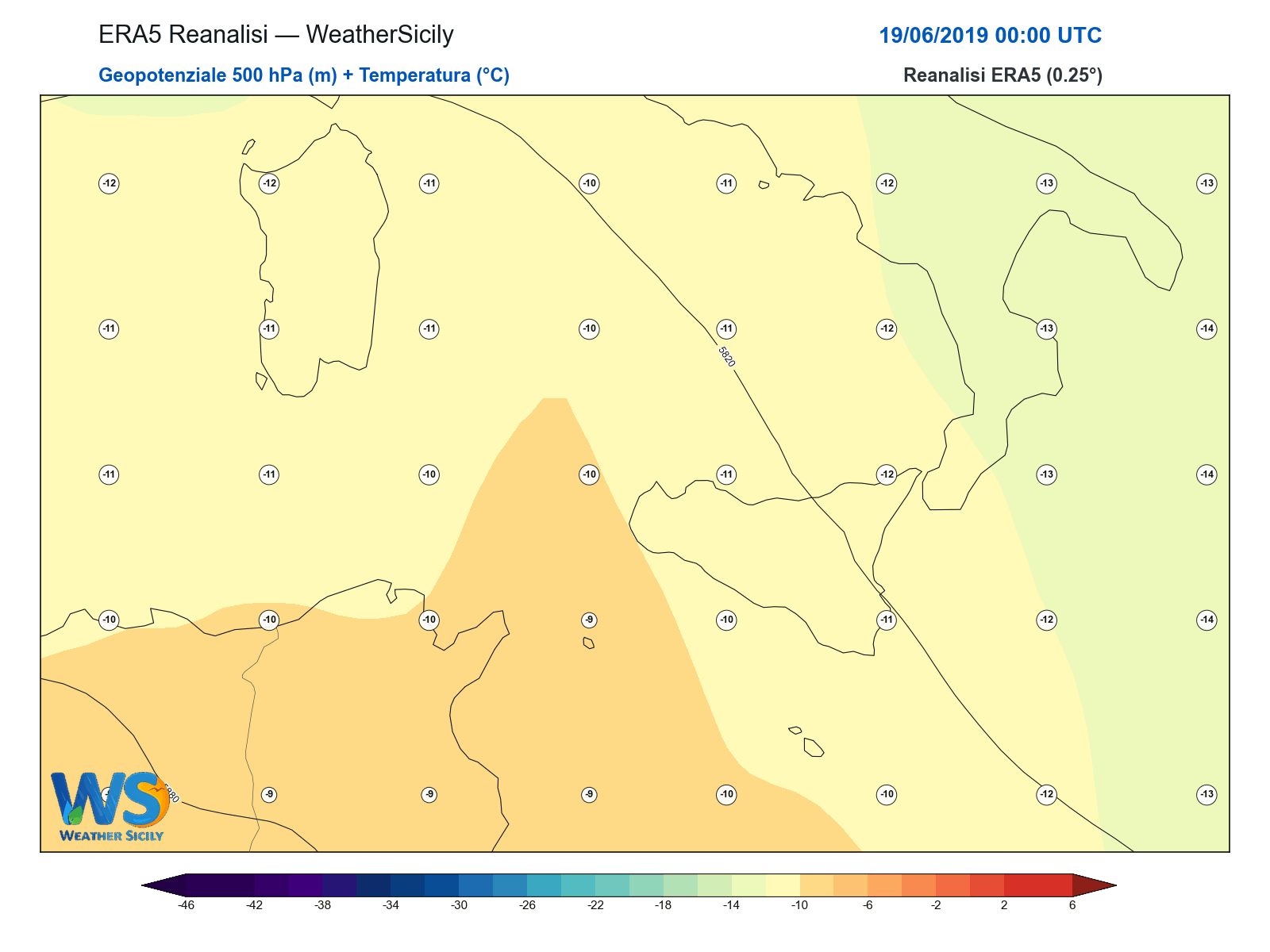 Geopotenziale 500 hPa + Temperatura · 2019061900