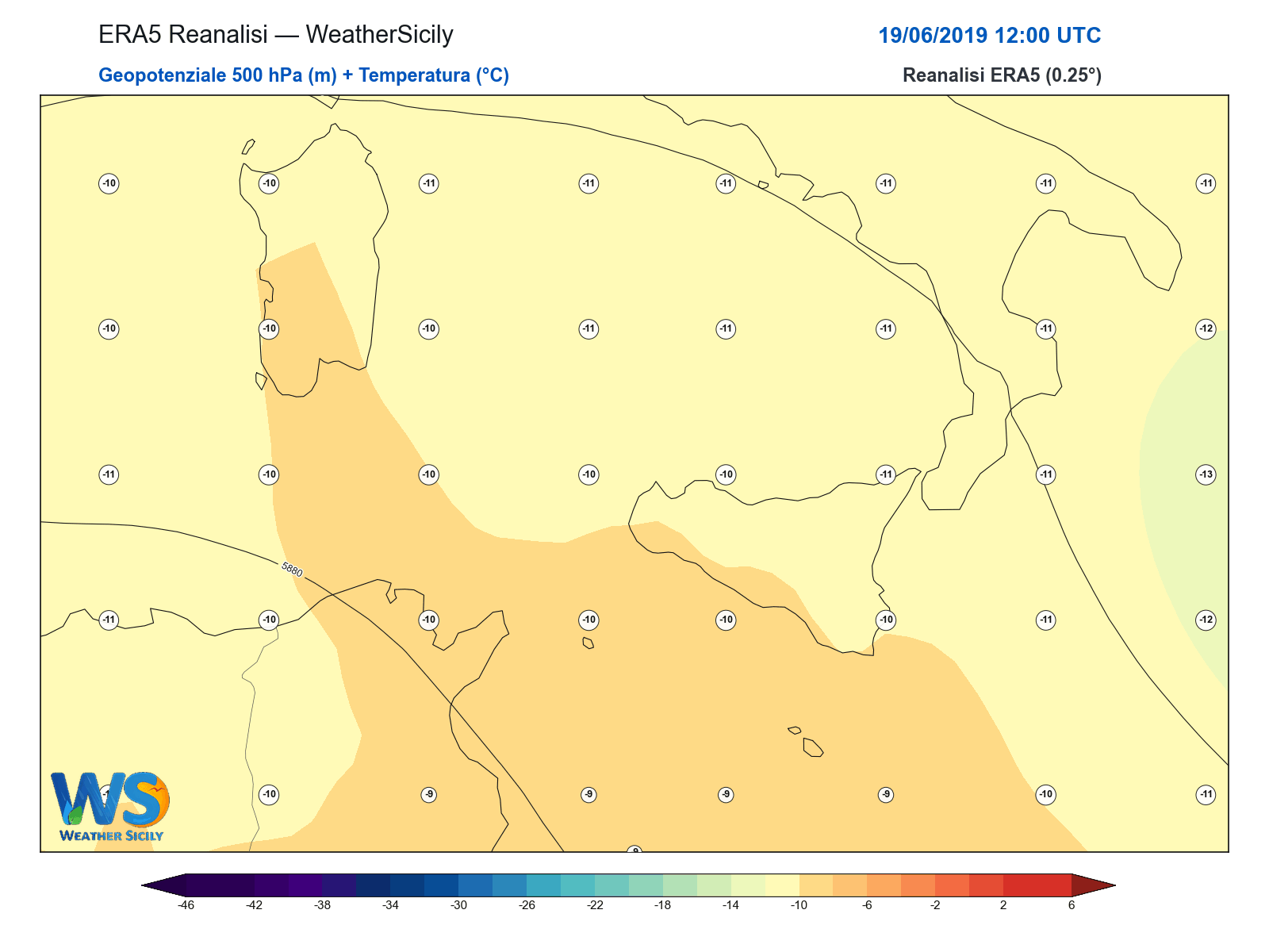 Geopotenziale 500 hPa + Temperatura · 2019061912