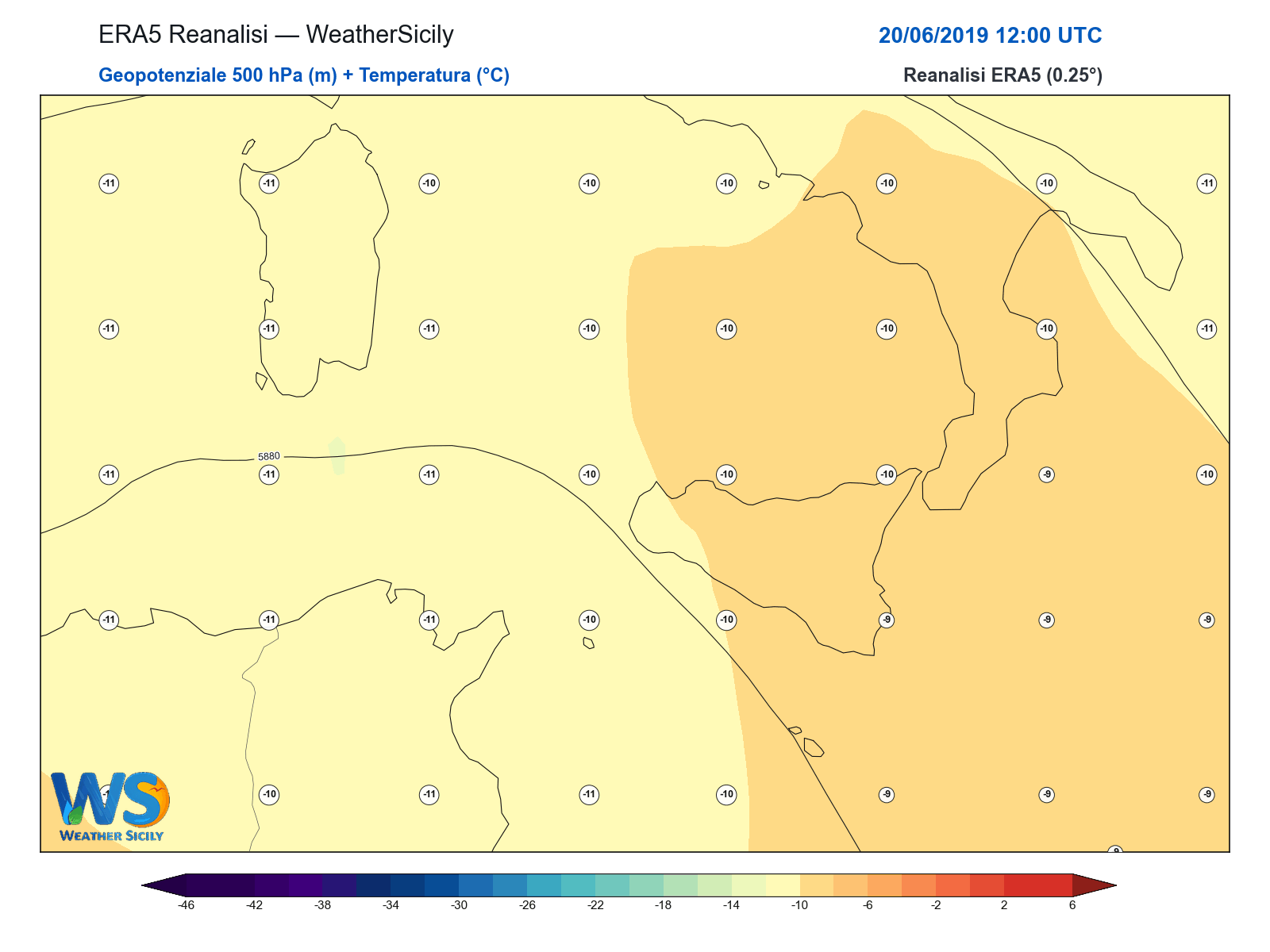 Geopotenziale 500 hPa + Temperatura · 2019062012
