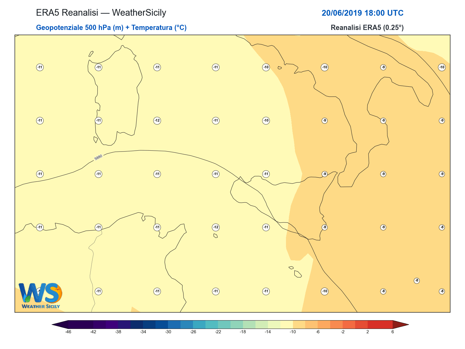 Geopotenziale 500 hPa + Temperatura · 2019062018