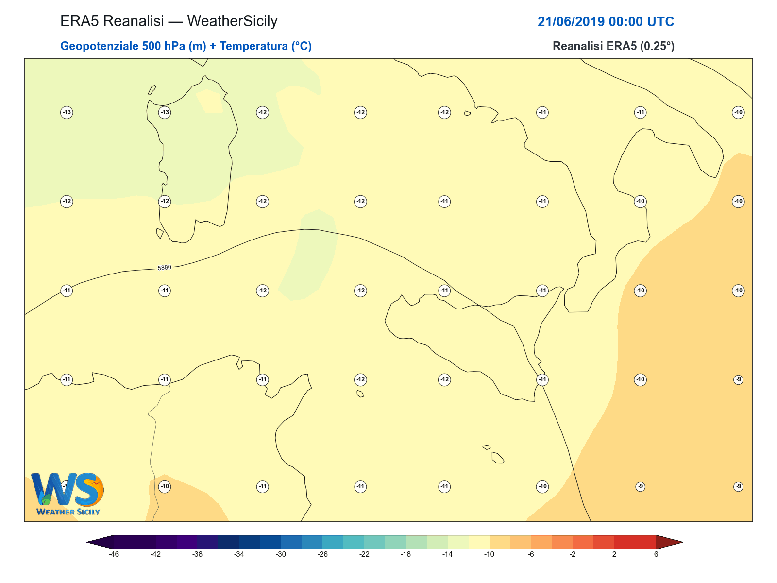 Geopotenziale 500 hPa + Temperatura · 2019062100