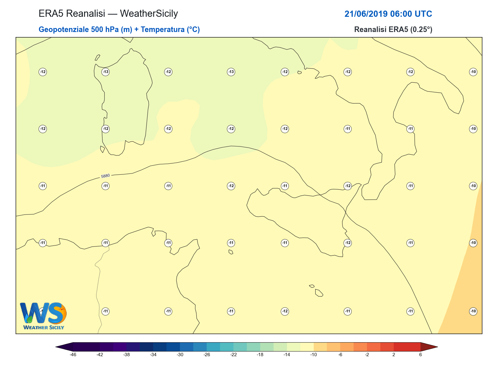 Geopotenziale 500 hPa + Temperatura · 2019062106