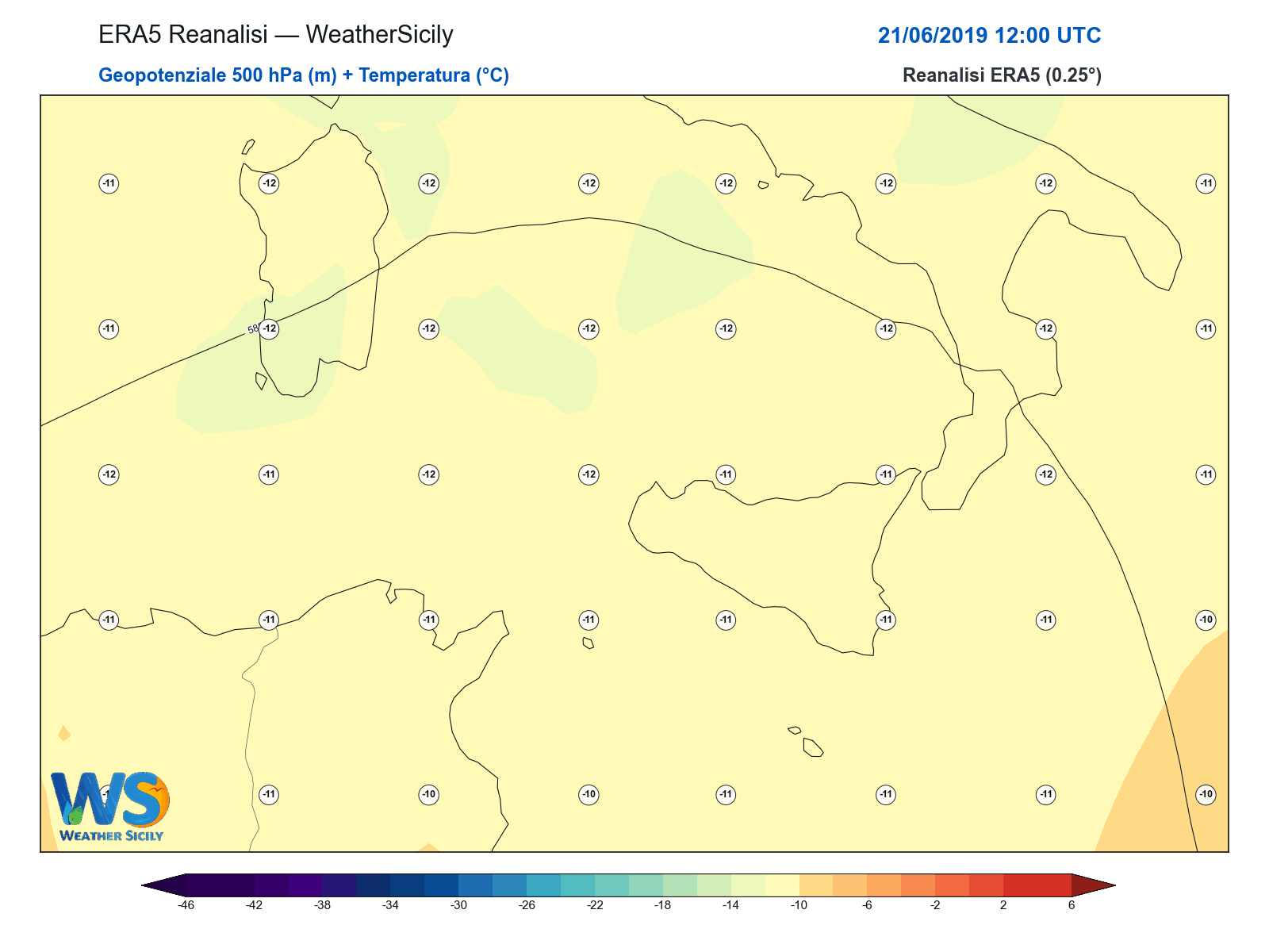 Geopotenziale 500 hPa + Temperatura · 2019062112
