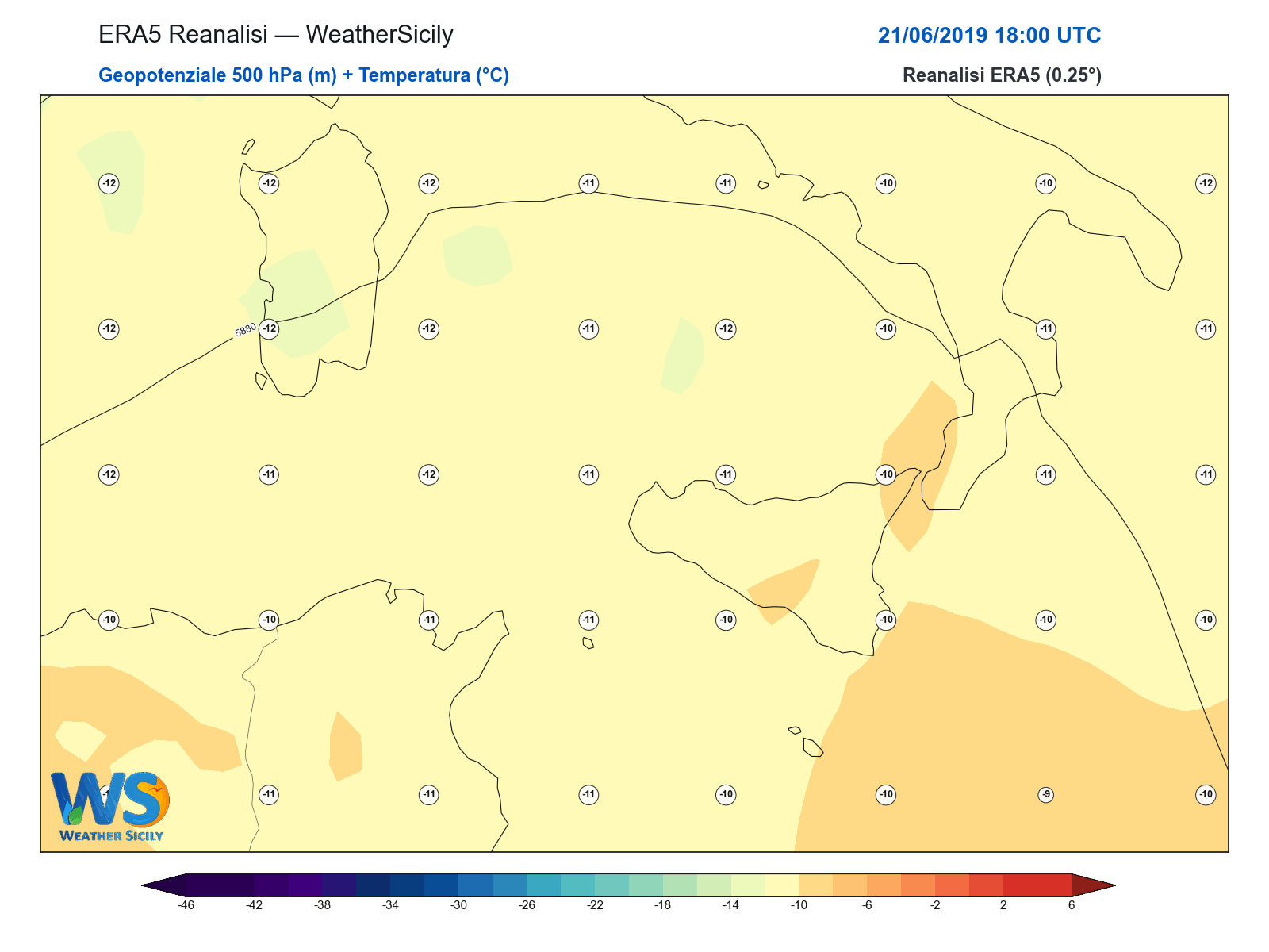 Geopotenziale 500 hPa + Temperatura · 2019062118