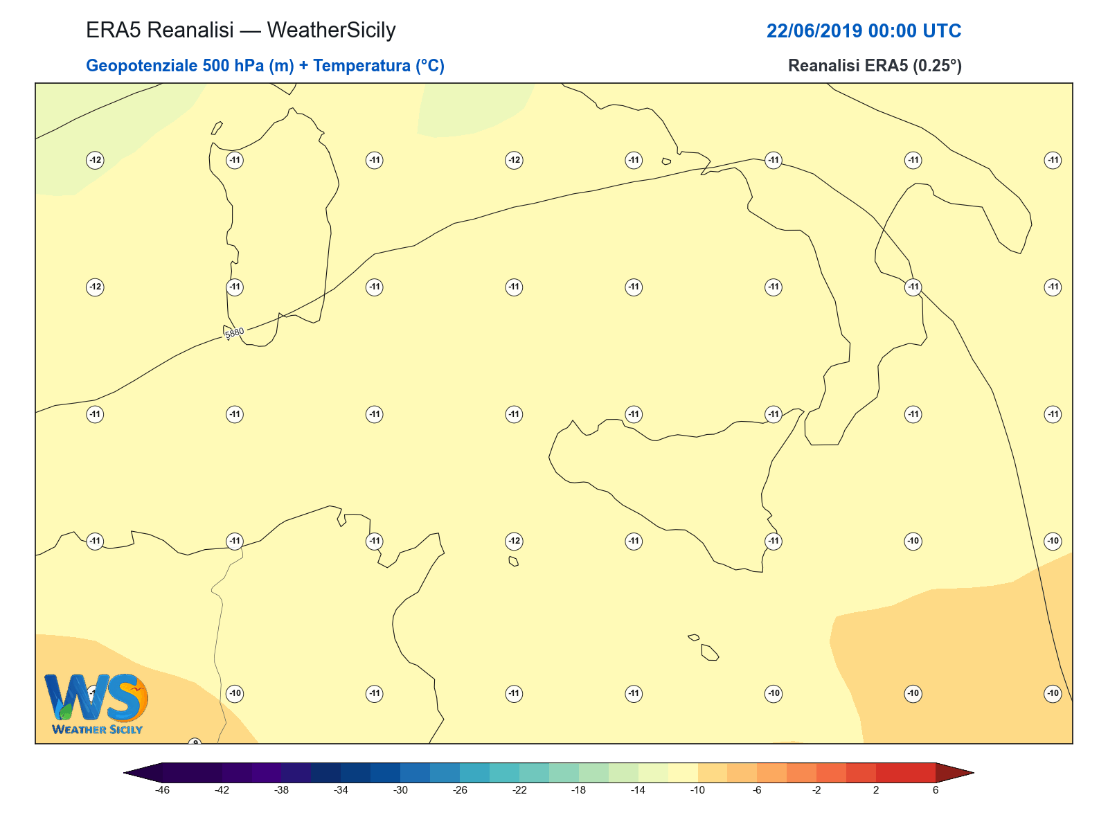 Geopotenziale 500 hPa + Temperatura · 2019062200