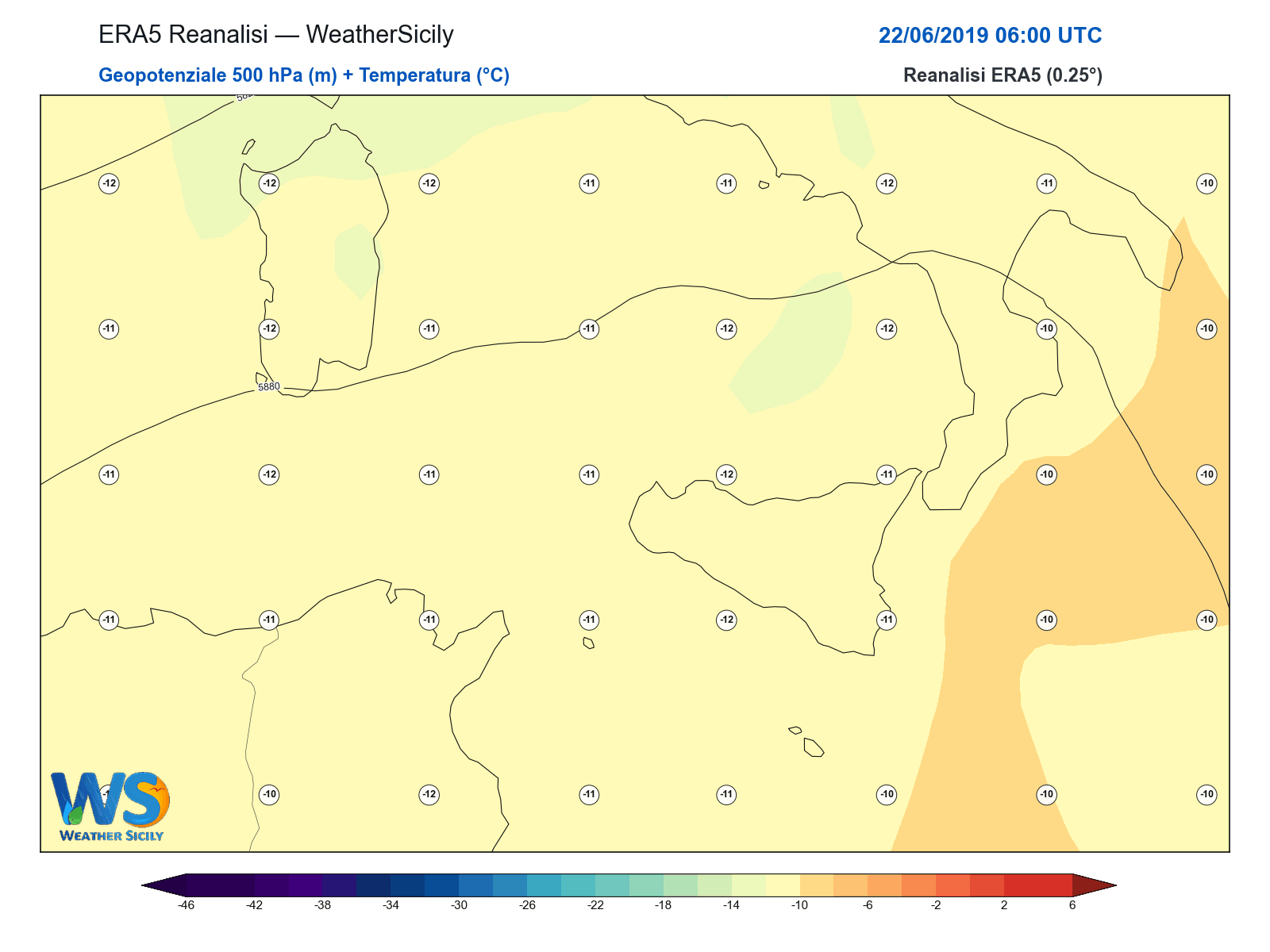 Geopotenziale 500 hPa + Temperatura · 2019062206