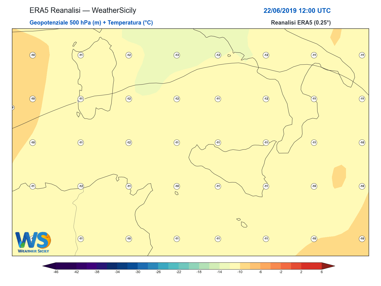 Geopotenziale 500 hPa + Temperatura · 2019062212