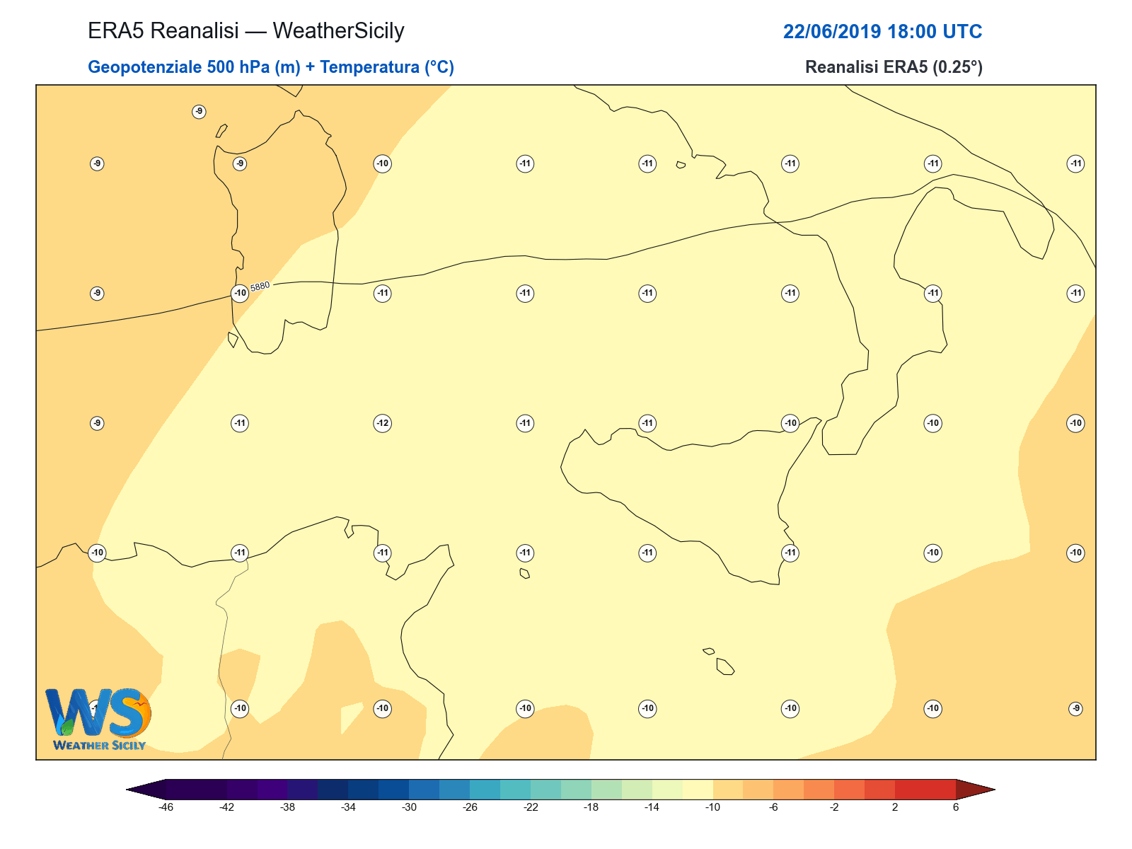 Geopotenziale 500 hPa + Temperatura · 2019062218