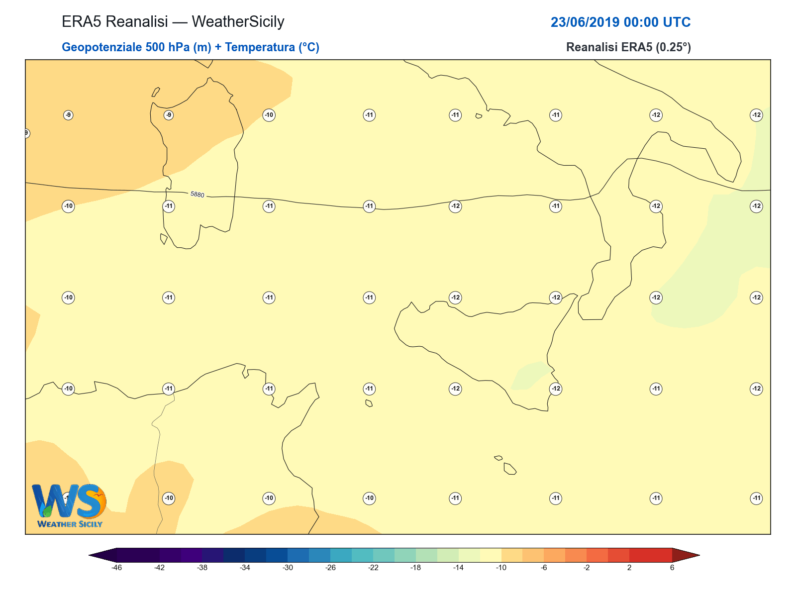 Geopotenziale 500 hPa + Temperatura · 2019062300